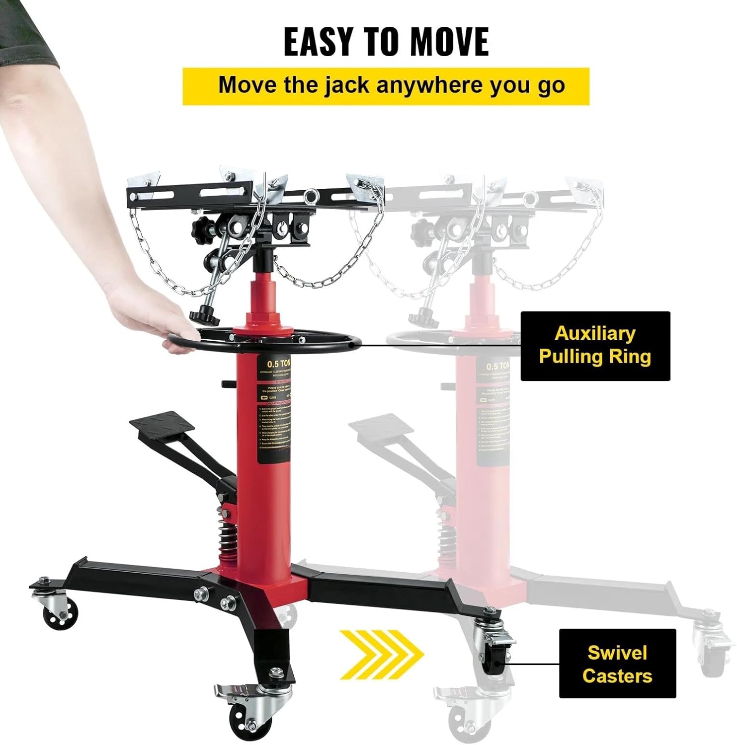 Transmission Jack,1/2Ton/1100lbs Capacity Hydraulic Telescopic Transmission Jack, 2-Stage Floor Jack Stand with Foot Pedal, 360° Swivel Wheel, Garage/Shop Lift Hoist, Red