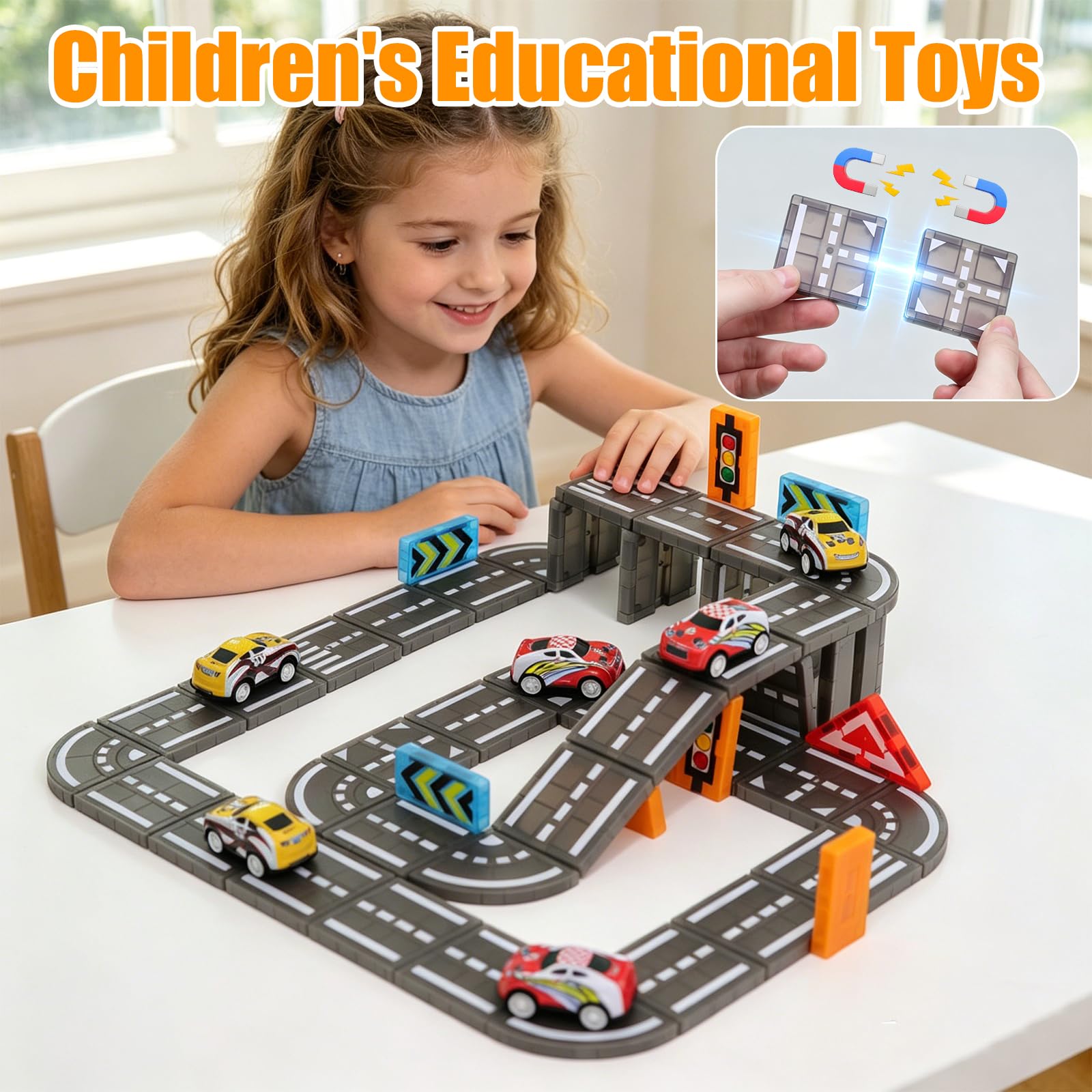 83 Piezas Construcciones Magnéticas Carretera Niños, Incluye 6 Coches