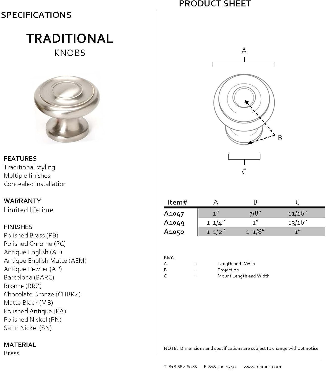 Alno A1047-BARC Traditional Knobs, 1", Barcelona