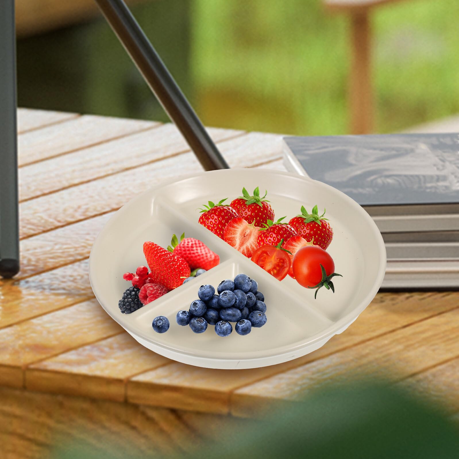 Assiette Compartimentée en Céramique Blanche Crème 3 Compartiments, Assiette de Rationnement pour Adultes, Plaque Solide Anti-dérapante, pour Repas Équilibrés et Contrôles