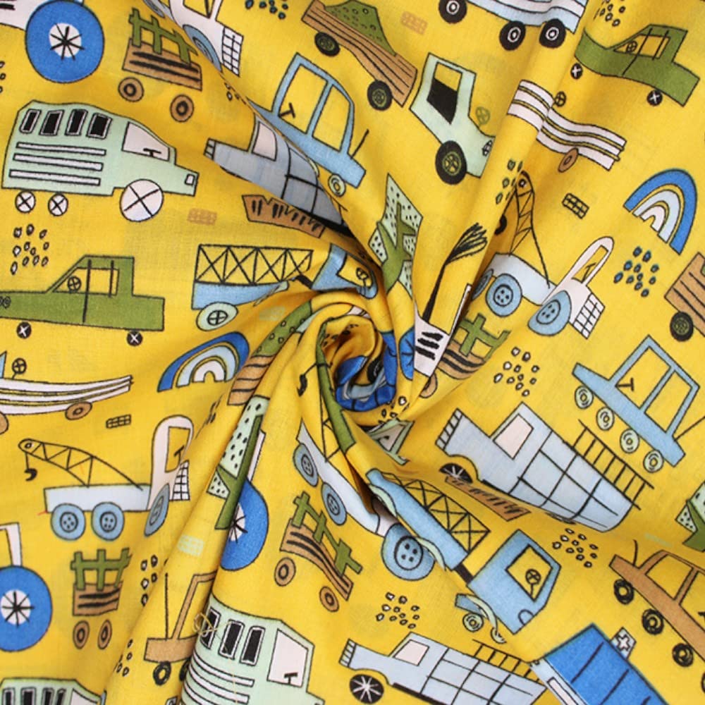 Polycotton Fabric Traffic Jam Vehicles Trucks Cars (per metre) (Mustard)