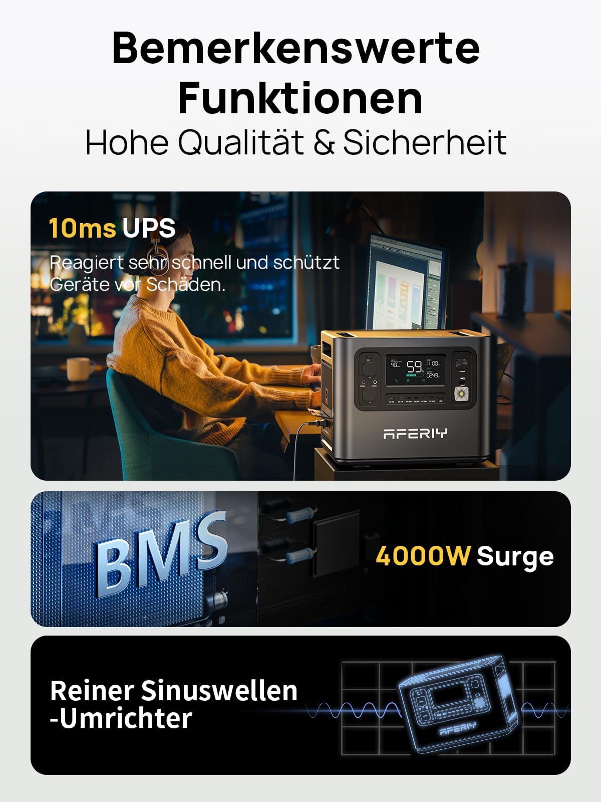 AFERIY 2400W2048Wh Solargenerator mit 200W Solarpanel, 1,5Std Schnellladung | Tragbare Powerstation, 13 Ausgänge, <10ms USV, mit APP, BMS, Reine Sinuswelle 230V, für Camping/Wohnmobil/Garten/Notfall