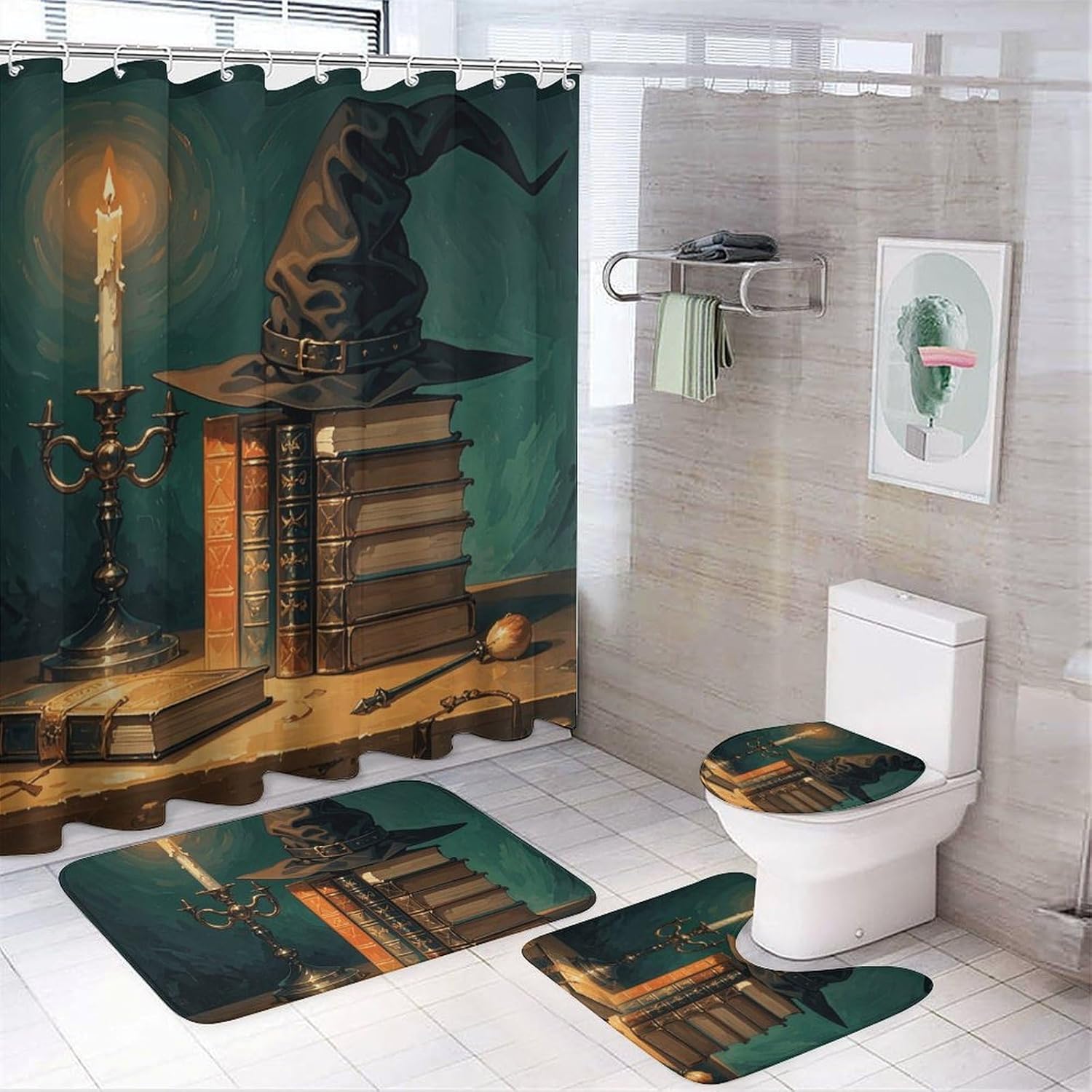 Dark Academy Shower Curtain Set 4 Piece, Non-Slip Bath Mat with Toilet Lid Cover and Waterproof Shower Curtain with 12 Hooks, Complete Bathroom Set for Home Decor