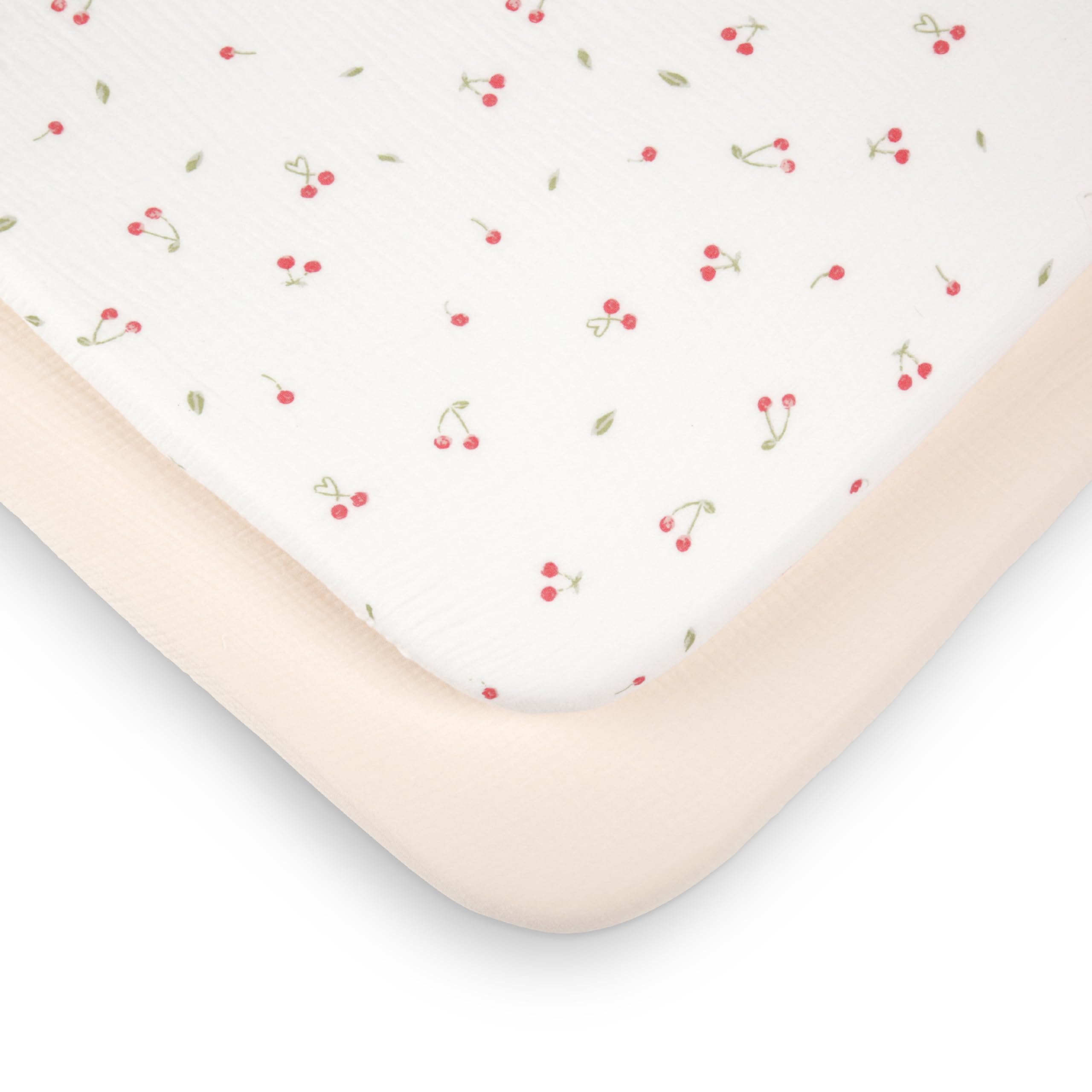 CuddleCo Universal Crib Sleeper Sheets 2pk in Ditsy Cherry - 90 x 50cm - Premium 100% Cotton Moses Basket Fitted Sheet Set for Next To Me Cribs and Cradles - Soft & Breathable Bedding Essentials