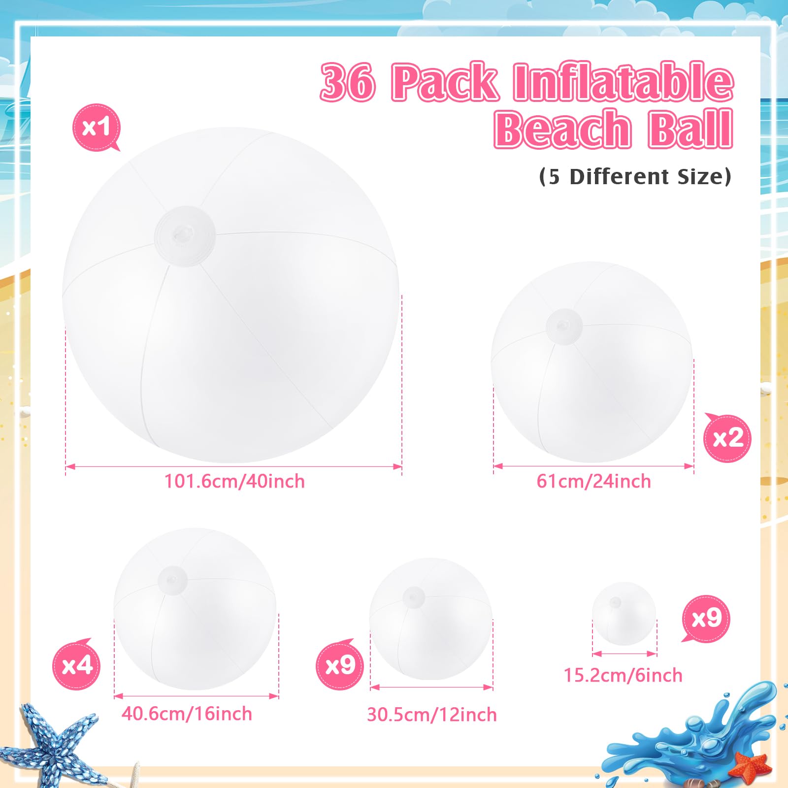 Realspring 36 bolas de playa inflables a granel de 6, 12, 16, 24 y 40 pulgadas, varios tamaños, de PVC, para piscina, para adultos, al aire libre, playa, Hawaii, juegos acuáticos, decoración de fiesta