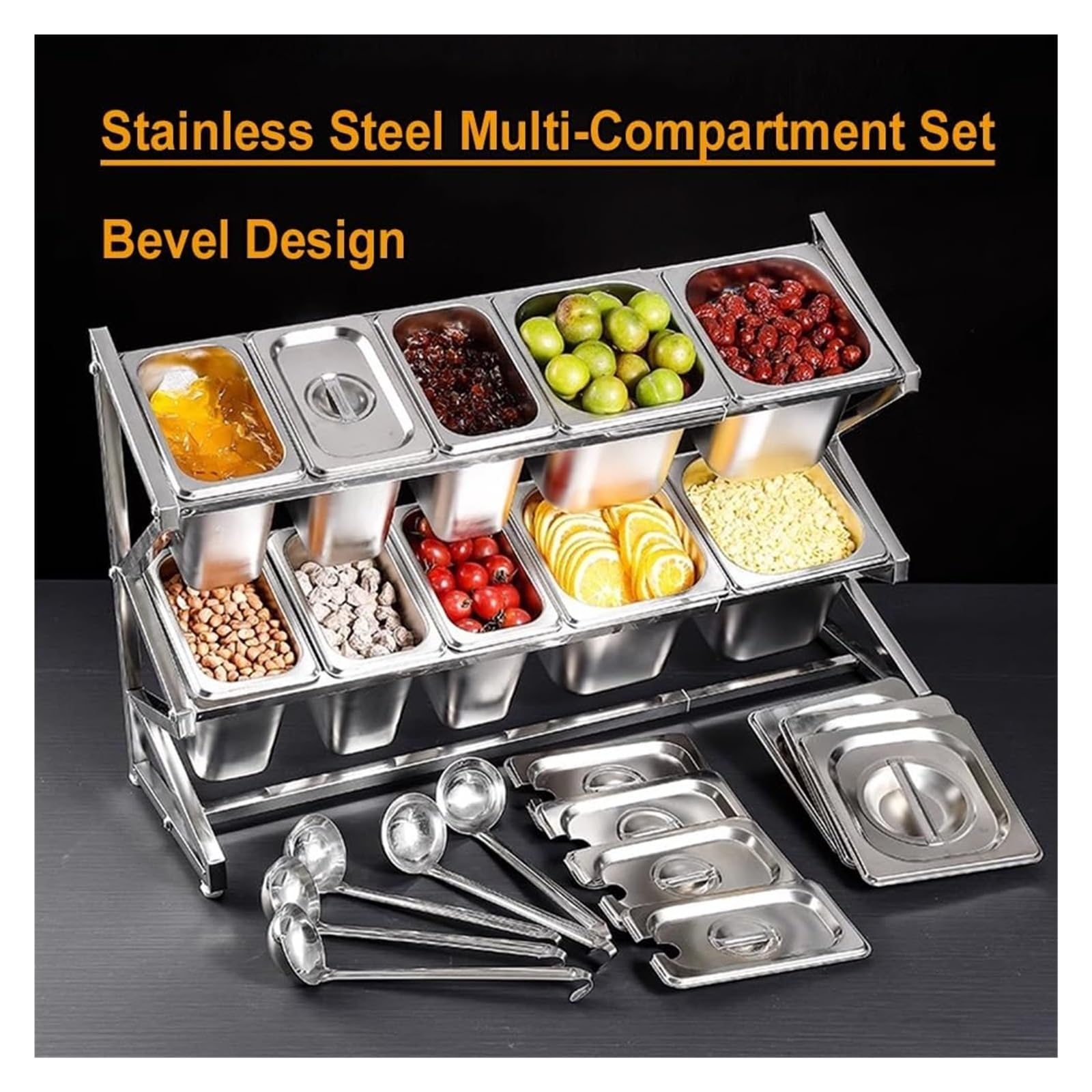 Pizza-Tnizer, 2-reihig, transparent, mit Löffel und Deckel, Arbeitsplatte zum Würzen – perfekt für Hobbyköche und Pizza-Liebhaber (Silber, 64,5 x 22,6 x 43,2 cm)
