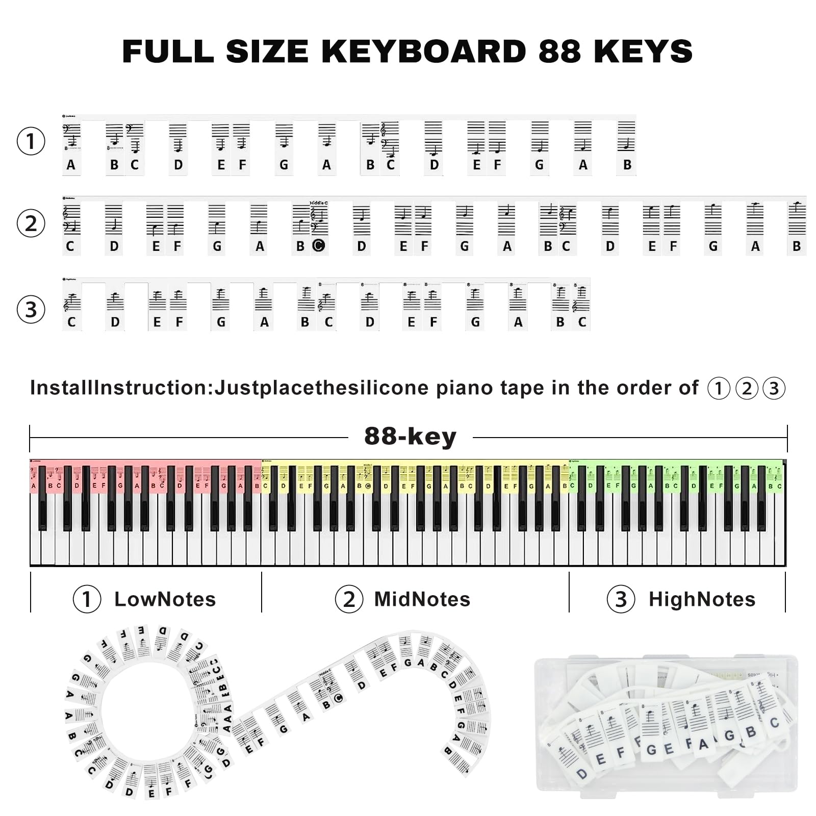 Etichette in silicone per pianoforte, note musicali per pianoforte, istruzioni (lingua italiana non garantita), accessori per pianoforte per 88 tasti di dimensioni intere, tasti per pianoforte per