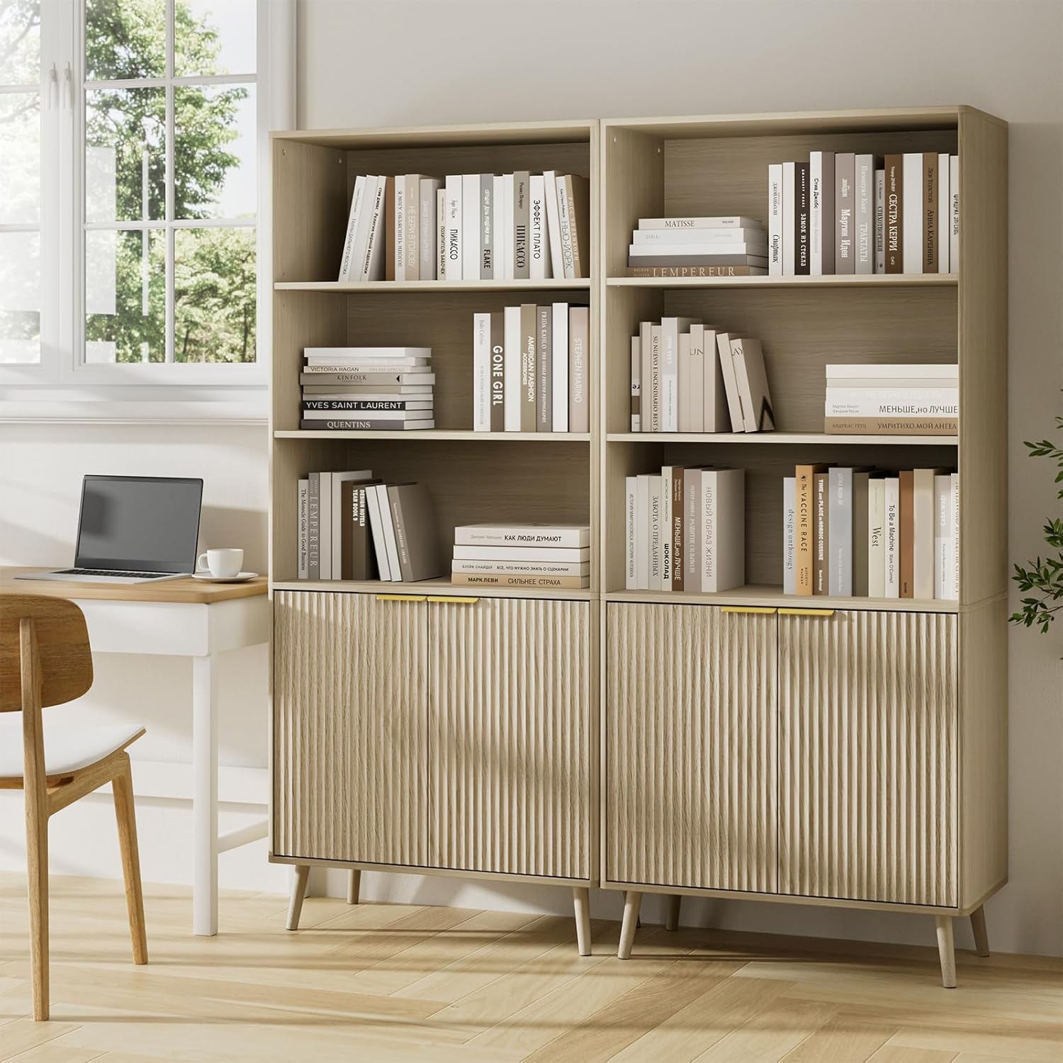 LYNSOM Beige Bookshelf, 70.9" Tall Book Shelf, 5-Tier Bookcase with Fluted Doors and Adjustable Shelves, Wooden Storage Cabinet for Living Room, Office and Kitchen(Beige, 2PCS)