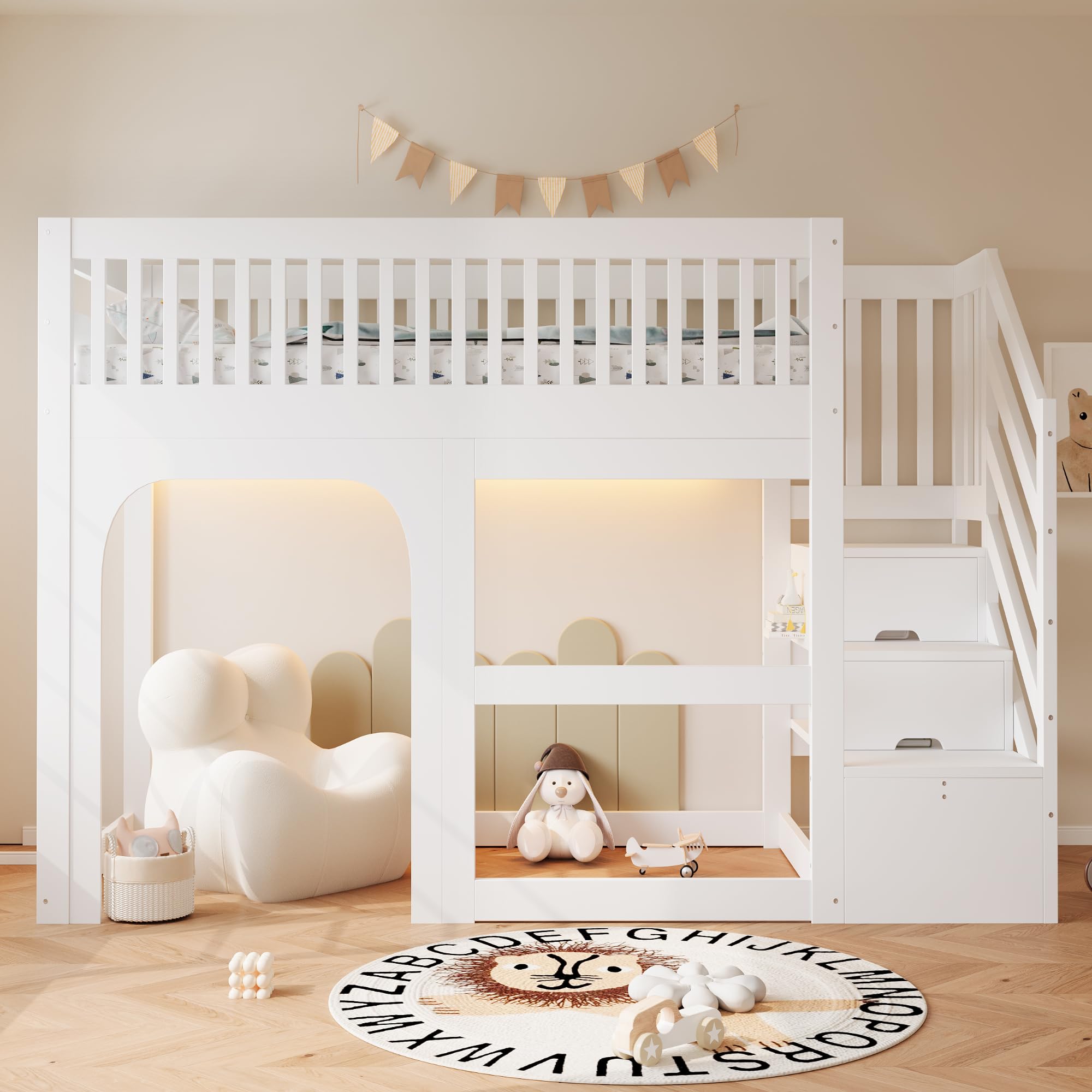 Cama Alta 90x200 con Somier de Lamas Cama Canapé Estructura de Madera Estructura Individual con Escalera con Barandilla de Seguridad con Diseño de Puerta y Ventana Estudio Blanca