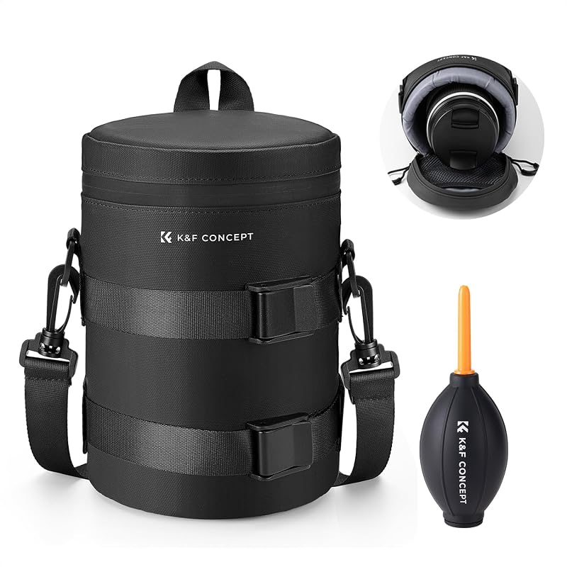 Camera Lens Case, Protective Pouch for Lens with Air Blower | For Lens Below 3.7" x 7" (D x H), 3 Carry Ways, Waterproof Zipper, Shockproof, 10mm Padding, for Canon, Nikon Sony Olympus