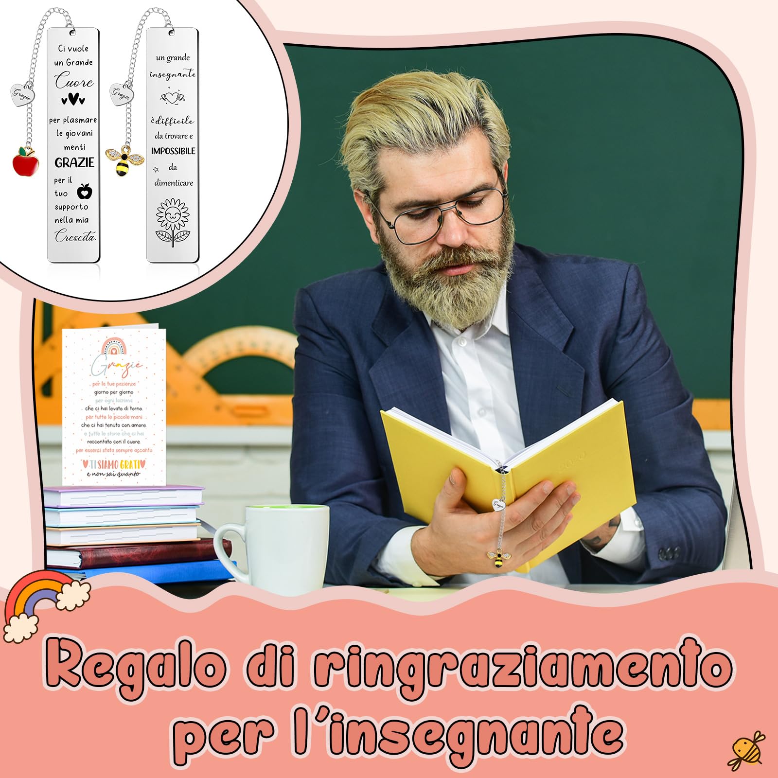 Tenare 6 Set Idee Regalo Insegnanti Include 6 Segnalibri Maestra 6 Portachiavi Insegnanti 6 Biglietti Arcobaleno e 6 Buste Regalo Maestra Fine Anno per Asilo Ci Vuole un Grande Cuore