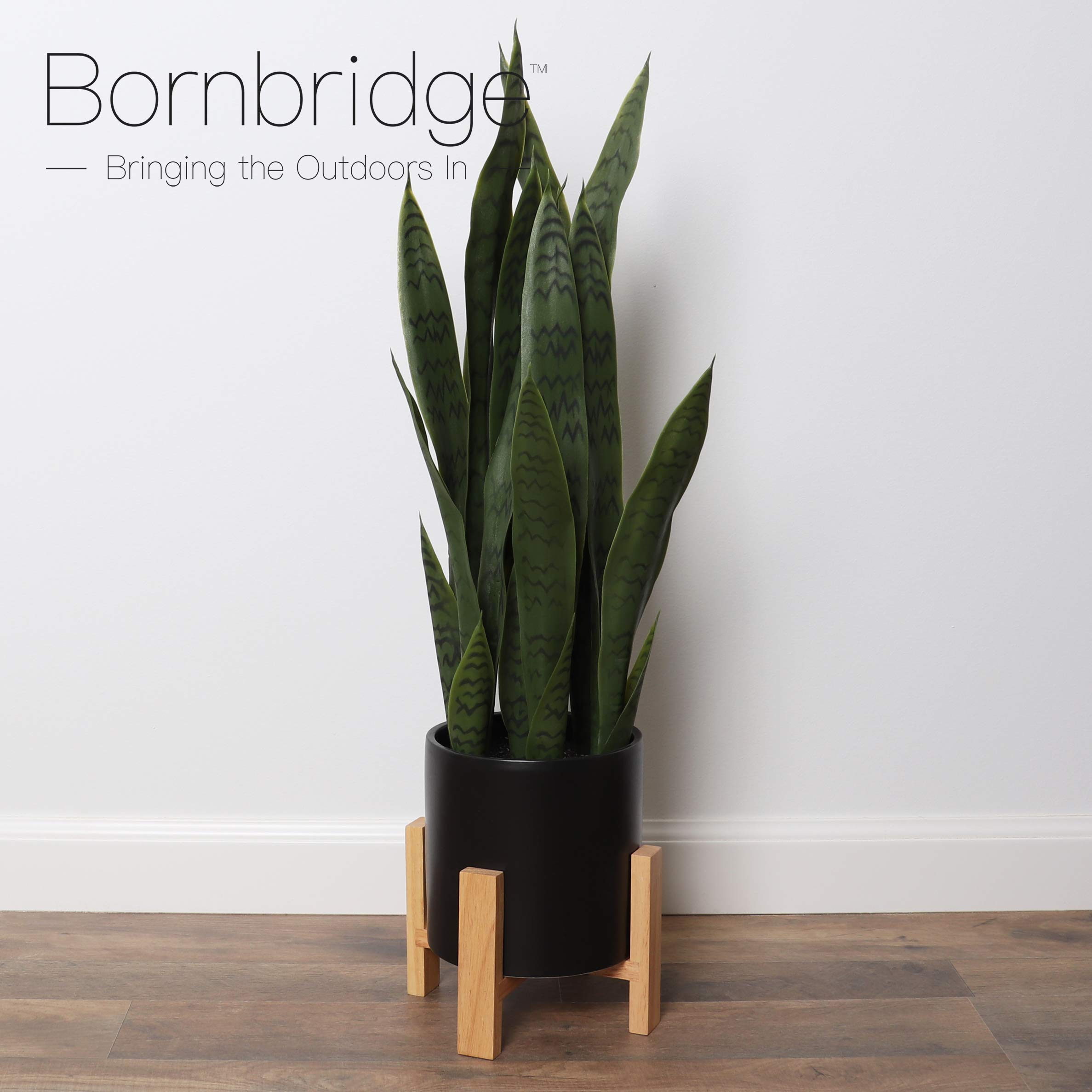 Bornbridge Artificial Snake Plant with Mid Century Plant Stand - Sansevieria Plant in Modern Planter - Artificial Plants with Indoor Plant Stand - Faux House Plants (Large / 1 Pack)
