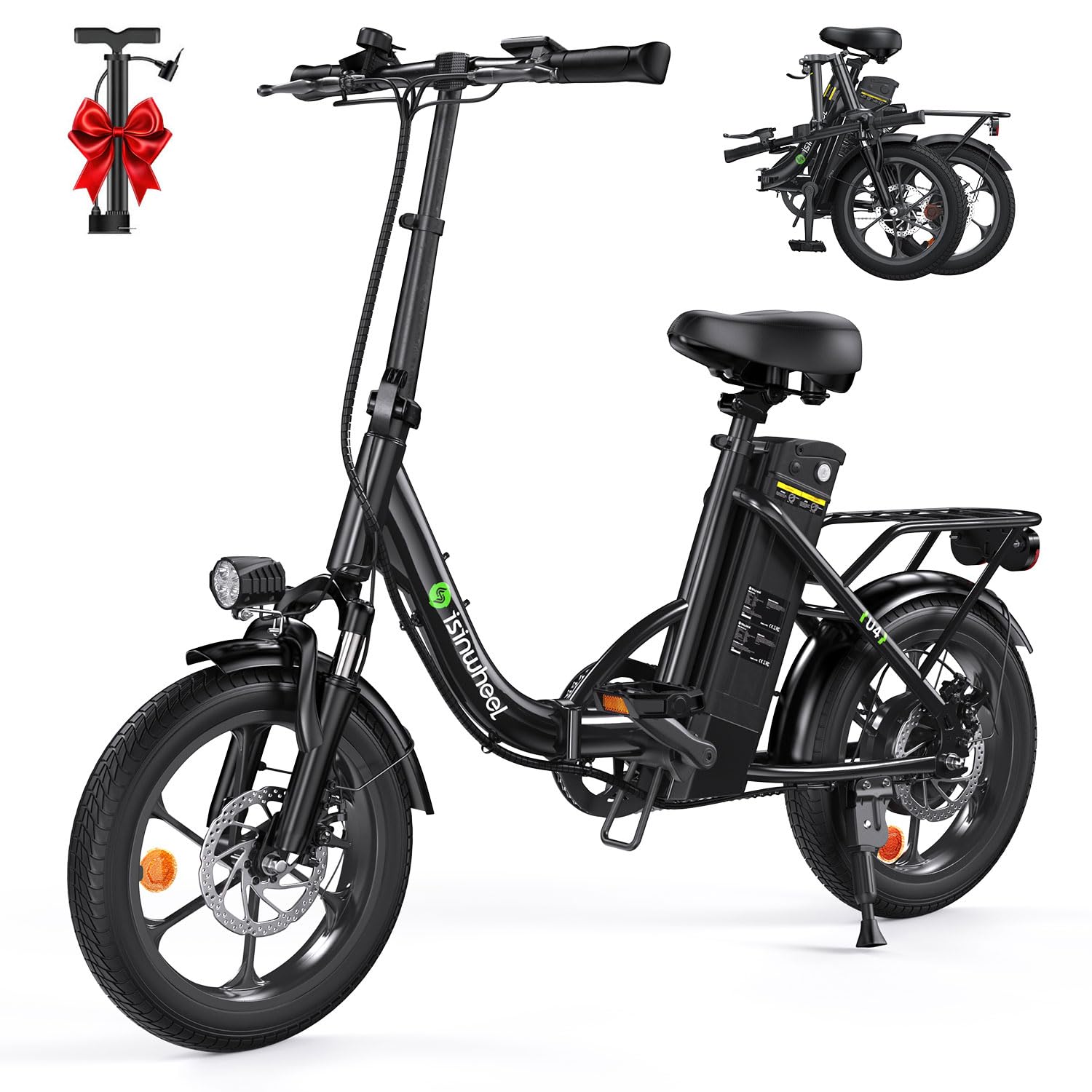 isinwheel U4 16" Folding E Bike for Adults Electric Bike with Suspension, 10.4Ah Battery, 500W Motor, 19mph Top Speed, Step Through Adult Electric Bicycles, Mini Commute Ebike for Adults and Teens