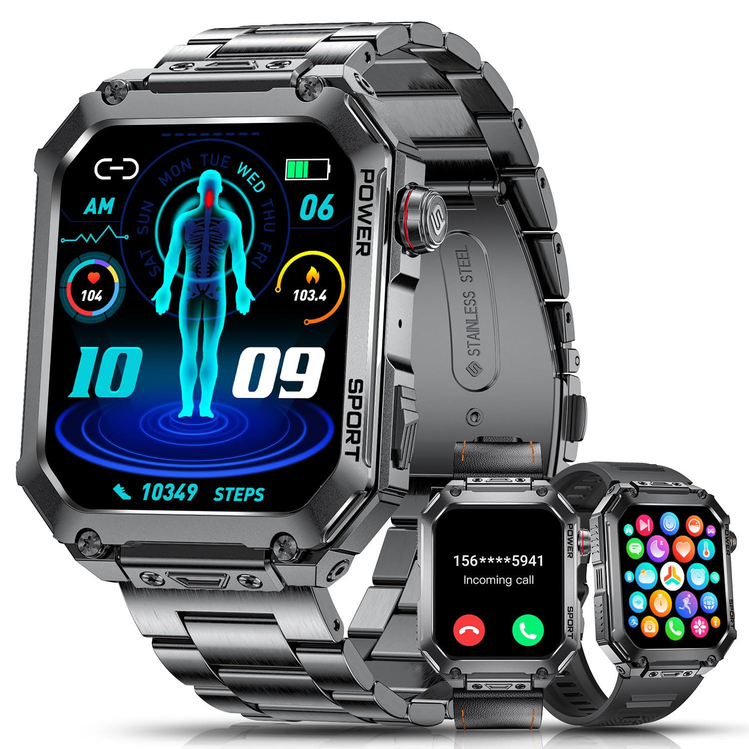 ESFOE Reloj Inteligente Hombre(3 Correas),1.96" Militar Smartwatch Hombre con Llamadas,5ATM Impermeable, 400mAh, 100+ Modos Deportivos/24H Pulsómetro/Sueño/Podómetro Pulsera Actividad Negro Metalizado