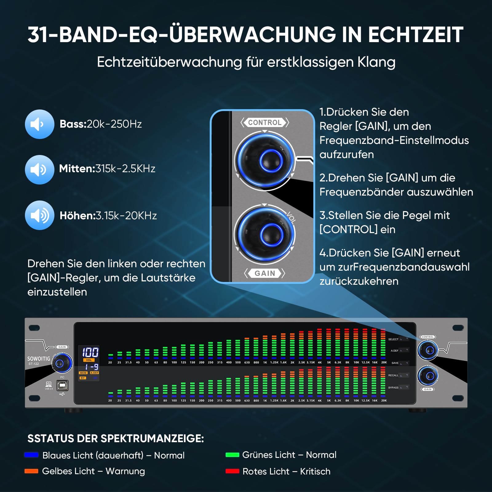 Ecualizador 2U para sistemas de audio estéreo domésticos, ecualizador gráfico profesional de 31 bandas en diseño de montaje en rack, ecualizador de estudio digital con pantalla de analizador