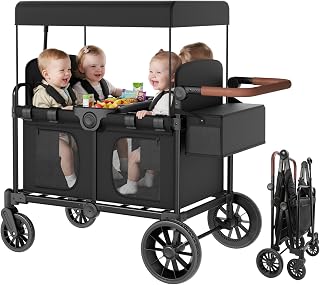 Babytronic Wagon Stroller for 4 Kids, Foldable Stroller Wagon with Drop-Down Side Panel, Adjustable Push/Pull Handle, Removable Canopy, 5-Point Harness