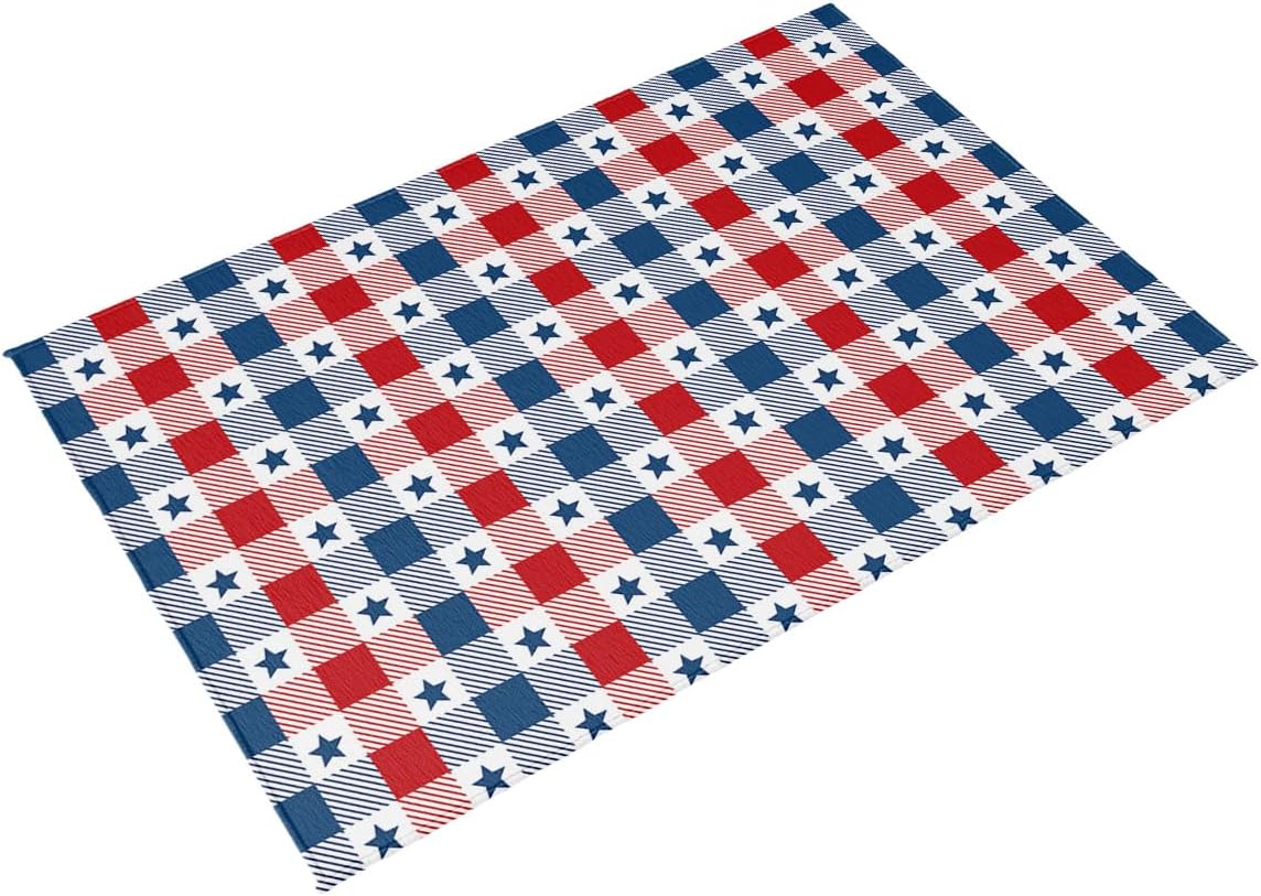 4th of July Outdoor Rug 4x6 ft Blue and Red Buffalo Plaid Outdoor Large Area Rug Non Slip Patriotic Stars Front Door Mat RV Camping Carpet Patio Outdoor Rugs for Backyard Balcony Indoor