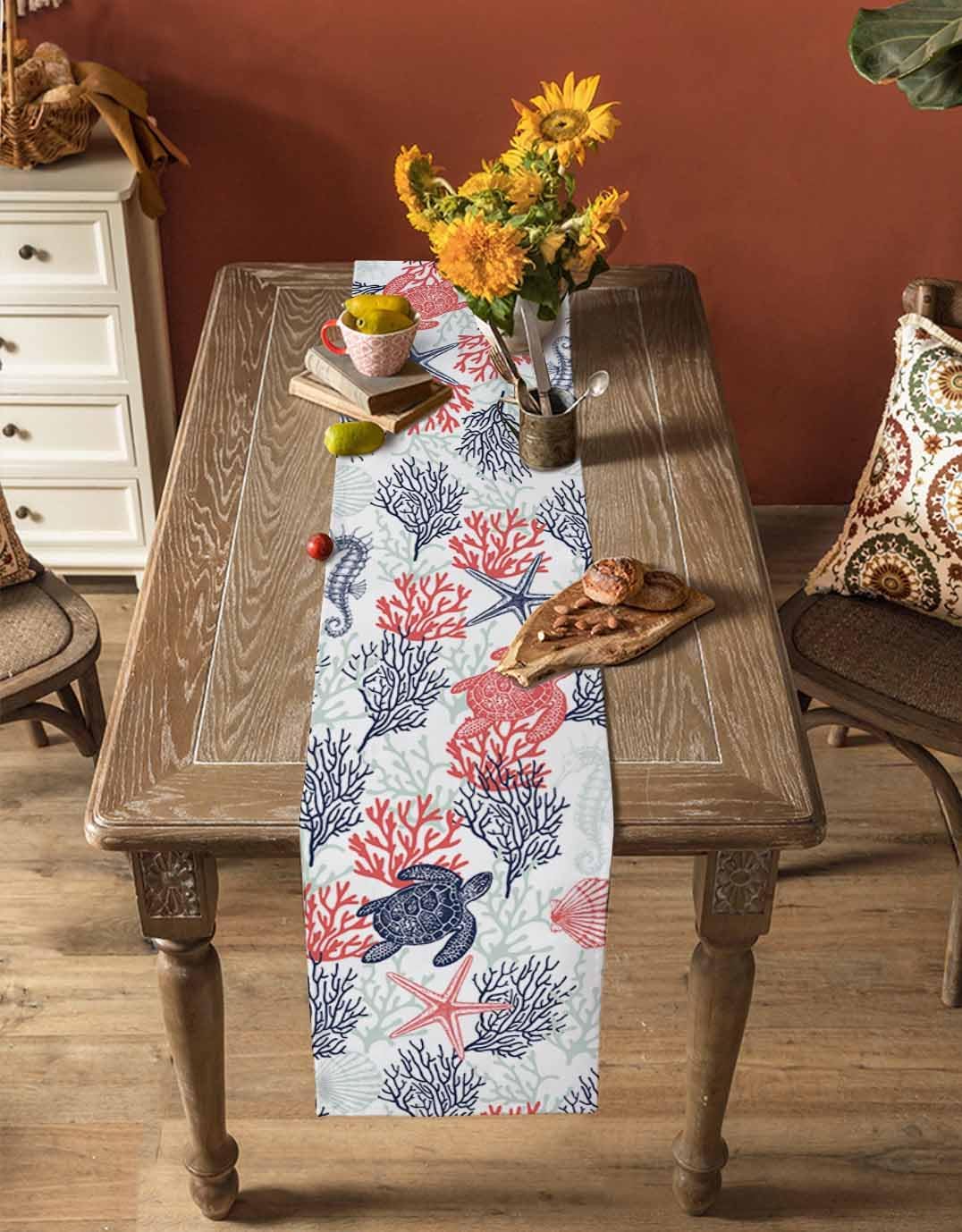 Seven Roses Blue Red Coastal Table Runner 120 Inches Long Farmhouse Dress Scarves, Sea Turtle Nautical Coral Summer Beach Dining Tablerunner for Coffee Table/Kitchen Island/Party Décor, 13"" x 120""