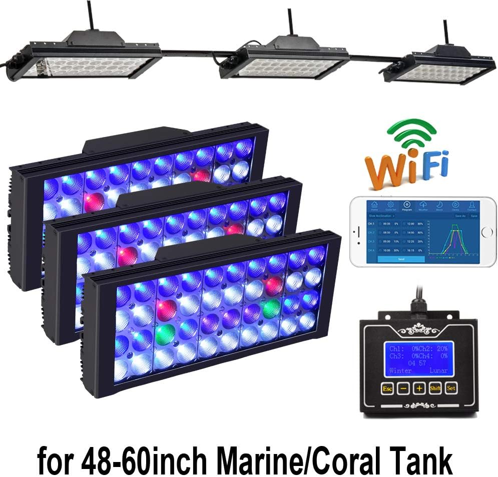 PopBloom Black Color 360W 3X LED Aquarium Light with WiFi Controller, Programmable Coral Fish Light for 48”-60” Marine SPS/LPS Reef Saltwater Tank, Full Color Spectrum Grow Dimmable LED Lamp