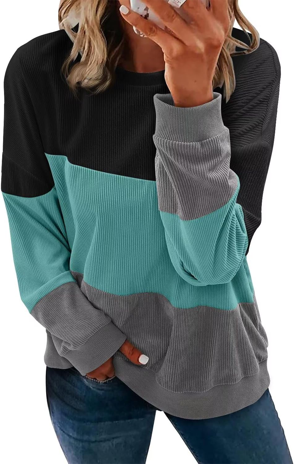 KISSMODA Womens Casual Long Sleeve Sweatshirts Color Block/Solid Tops Corduroy Crewneck Tunic Pullover with Pockets