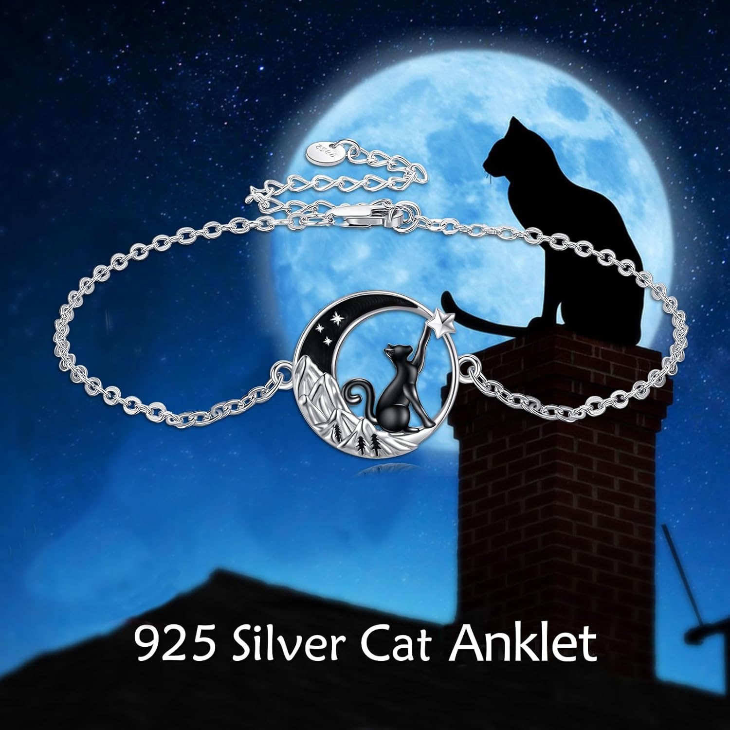 VONALA 925 Sterling Silver Anklet for Women Moon Cat Ankle Bracelet Enamel Teardrop Anklet