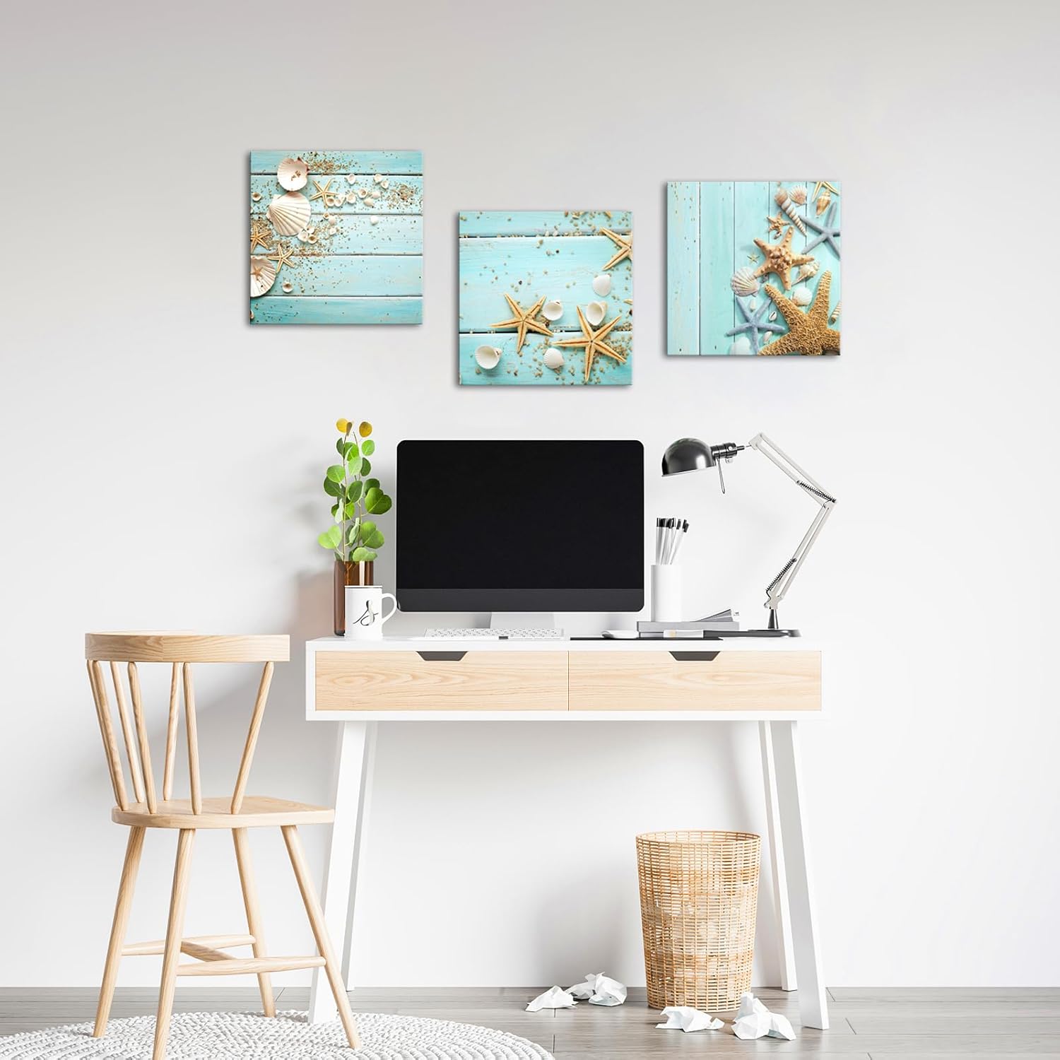 Nachic Wall Seashell Canvas Wall Art Starfish Pictures Wall Decor Modern Sea Ocean Painting on Canvas Bathroom Decoration Framed Ready to Hang