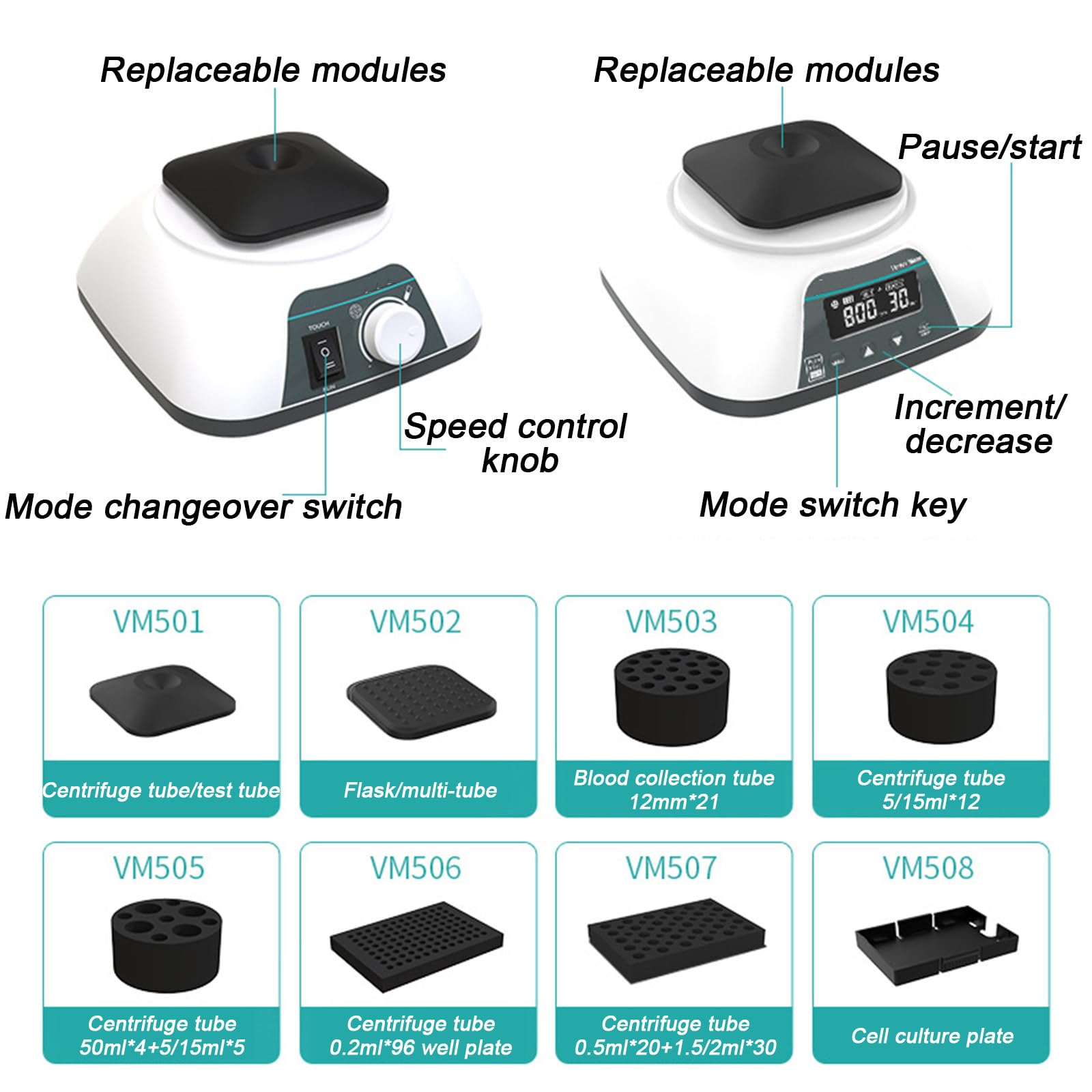 NYANS Mini Mezclador de Vórtice de Laboratorio, para Tubo de Centrífuga y Tubo de Extracción de Sangre, Oscilador de Vórtice Multifunción, Equipado con 8 Módulos Reemplazables,VM-500Pro
