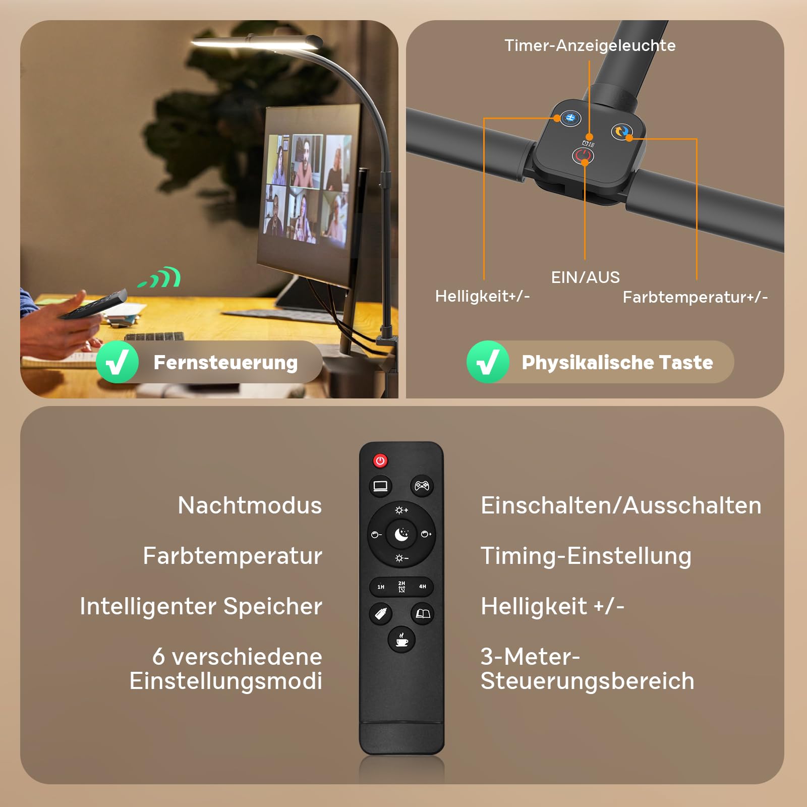 Doppelkopf Schreibtischlampe LED Dimmbar, 24W 80CM Klemmbar Tageslichtlampe Schreibtisch Lampe, Schwanenhals Büro Tischlampe Augenschutz Arbeitsplatzleuchte Monitor Lampe, schwarz