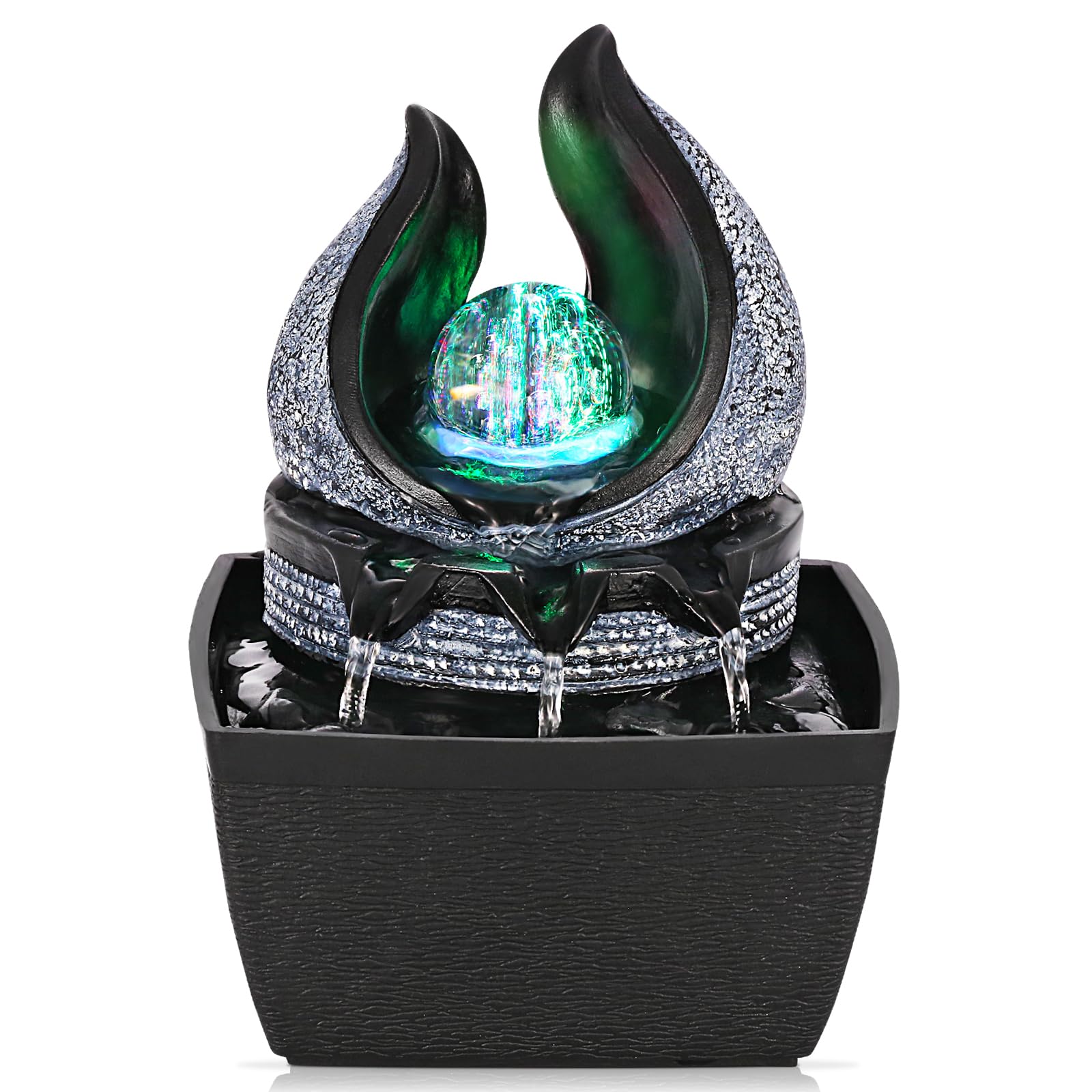 Tabletop Water Fountains Indoor, 3 Gears Desktop Fountain with Led Rolling Ball, Table Top Small Water Feature Interior Zen Relaxation Decor for Home Bedroom Living Room Office Apartment