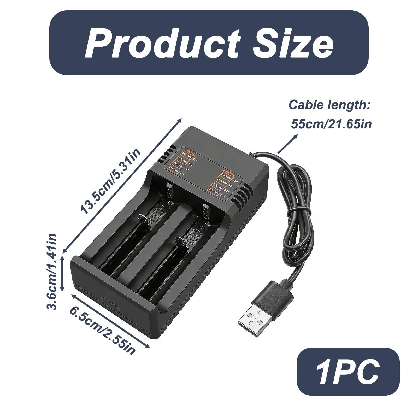 Cargador Rápido Inteligente 18650 USB, Cargador para Baterías 3.7V Li-Ion 2 Ranuras, con Pantalla LCD para 21700 26650 18500 18650 16340 14500, Universal para Baterías Litio con Protección Temperatura — view 2
