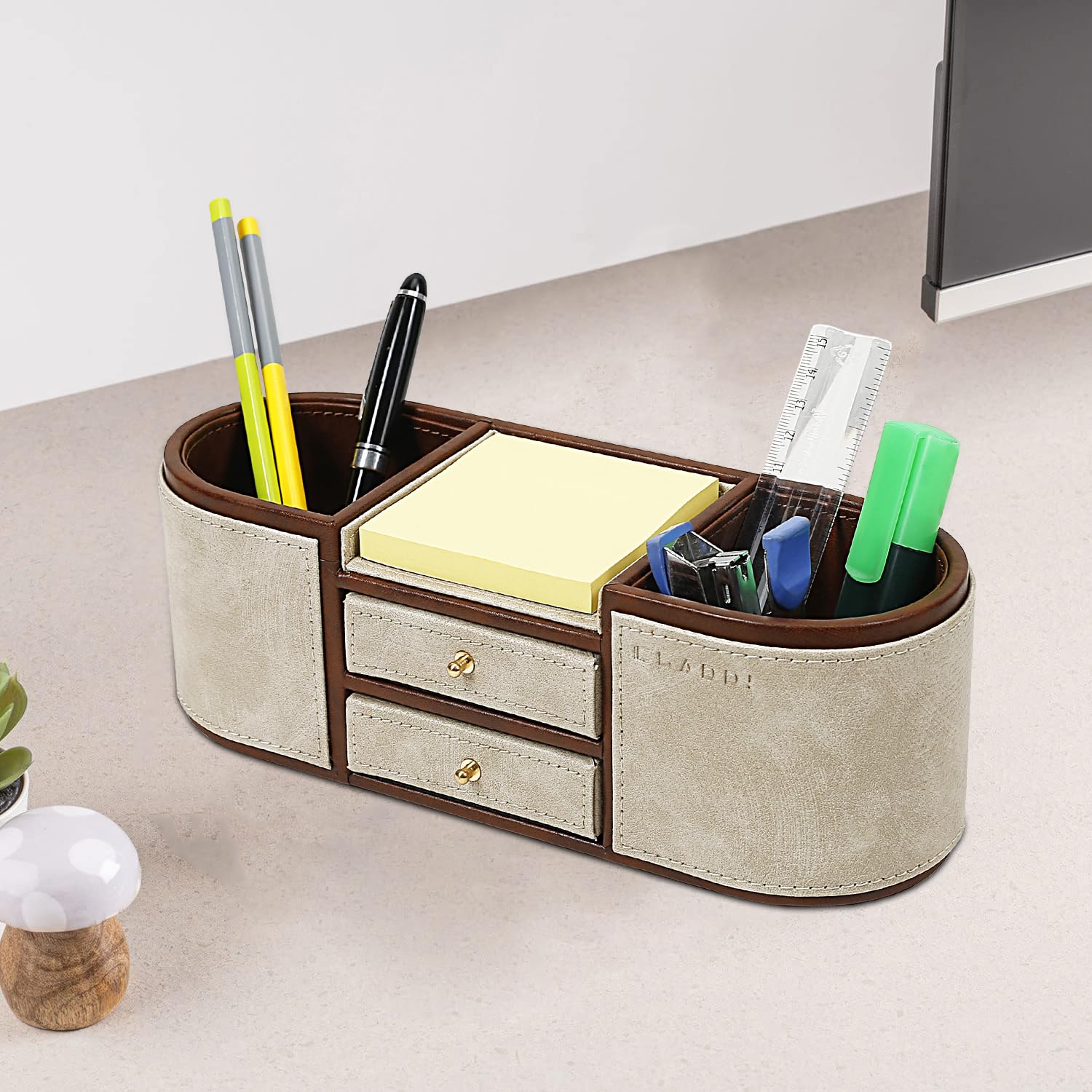 CLADD! Organizador de escritorio de cuero vegano para suministros de papelería, ideal para uso en el hogar, oficina, cocina, maquillaje (crema)