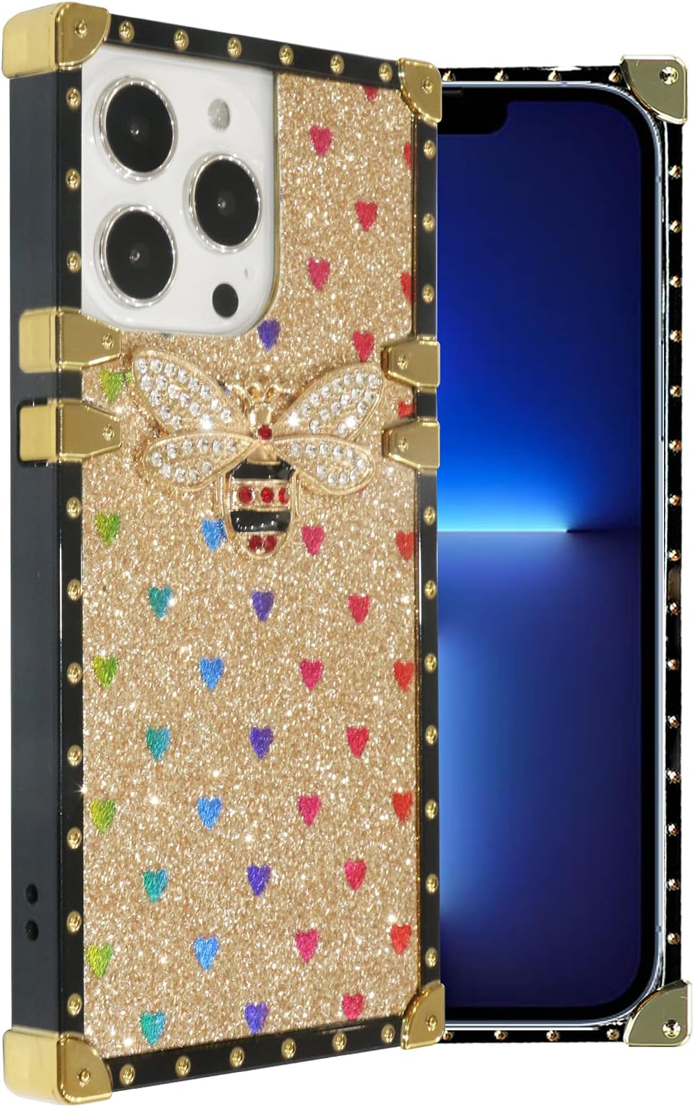 Umhlaba Compatible with iPhone 13 Pro case 2021 Trunk Square Edge Cute bee Bling Glitter Phone Cover Girly Luxury Girls Women Box Rectangle Stylish 6.1 inch (Gold)