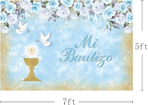 Miniatura 3 de MEHOFOND Mi Bautizo - Telón de fondo de fotografía para fiesta de bautizo para niños, decoración de pancarta dorada con diseño floral azul y blanco,