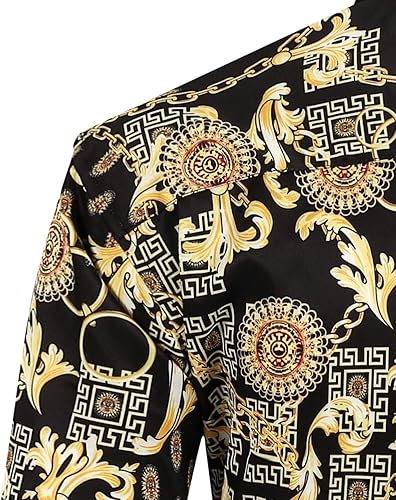 Miniatura 4 de Bolcguri Camisas de vestir de cadena Buchona de color negro y dorado para hombre, con estampado barroco de lujo, manga larga, con botones, camisa