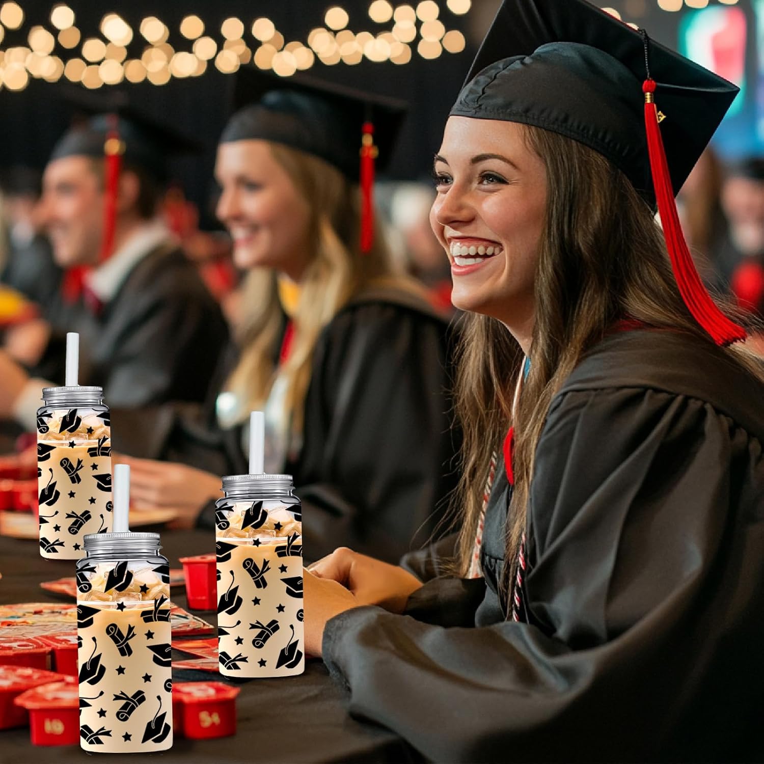 Whaline 20Pcs Graduation Plastic Cups with Lids and Straws Clear Congrats Grad Party Drinking Cups 13.5oz Grad Hat Diploma Scroll Reusable Tumblers for Party Supplies