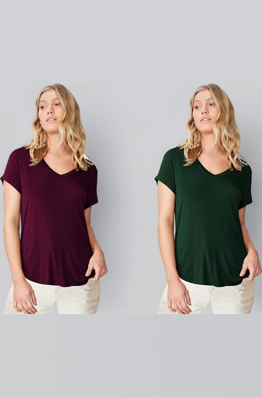Solid Stylish V-Neck UpDown Cotton Tshirt for Women Pack of 2