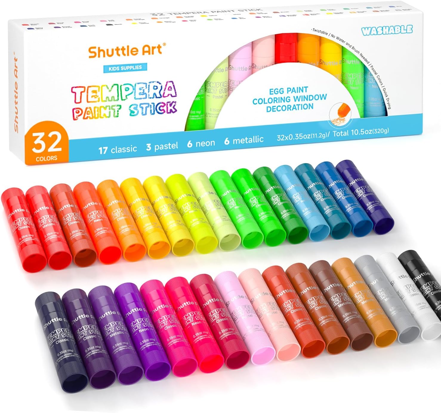 Shuttle Art Tempera Paint Sticks for Children, 32 Colours, Washable Gouache Tempera Paint Sticks for Kids, Twistable, Mess-Free, Fast Drying, Work Great on Paper Wood Glass Ceramic Canvas