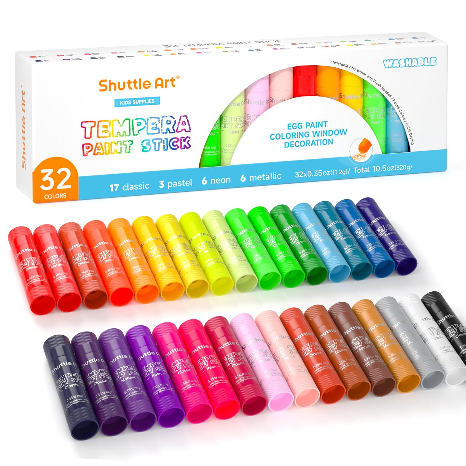 Shuttle Art Tempera Paint Sticks for 32 count (Pack of 1), 32 colour