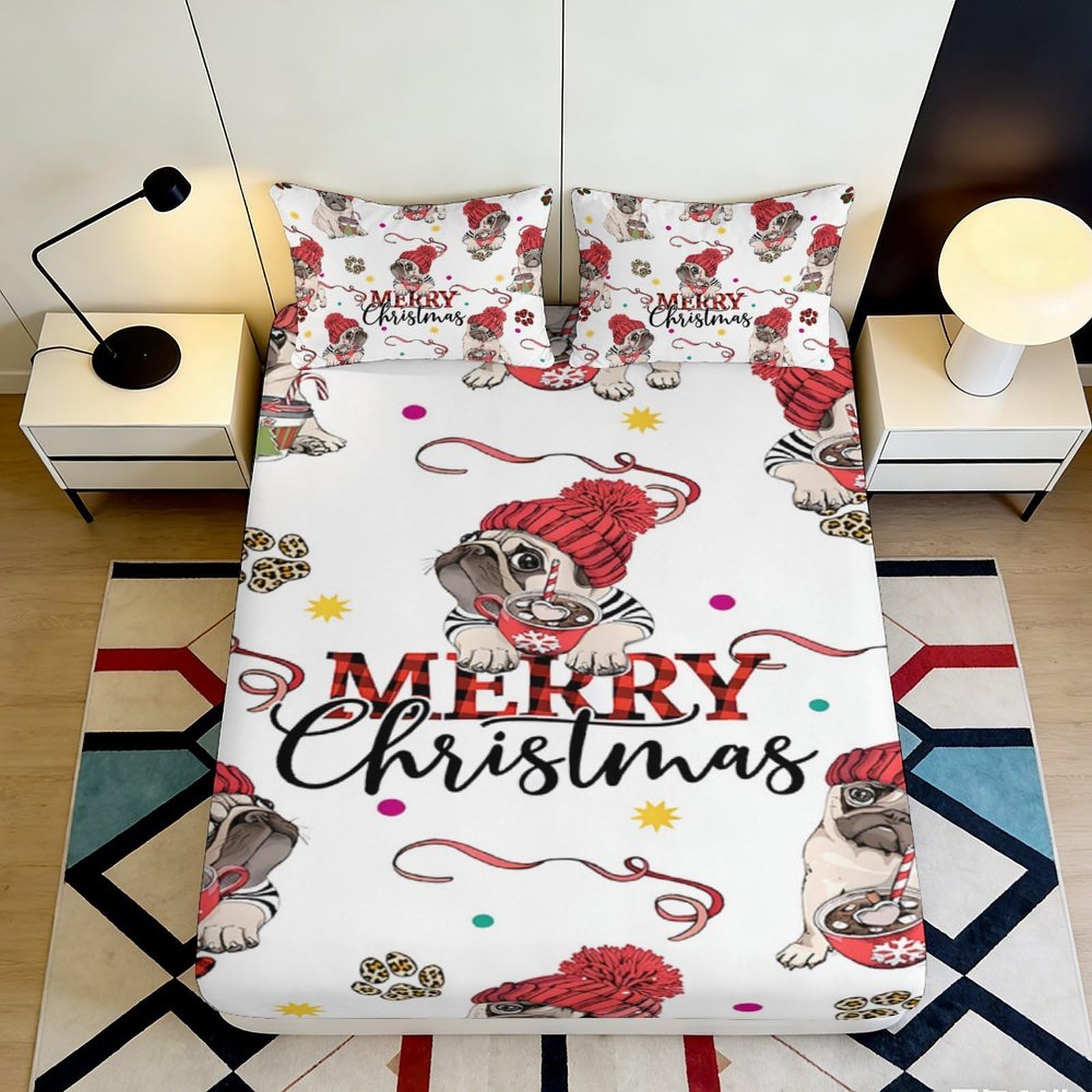 3D Printed Christmas Pug Fitted Sheet Microfiber Soft Festive Santa Dog Mattress Cover for Bedroom Guest Room Décor 90x200x25cm