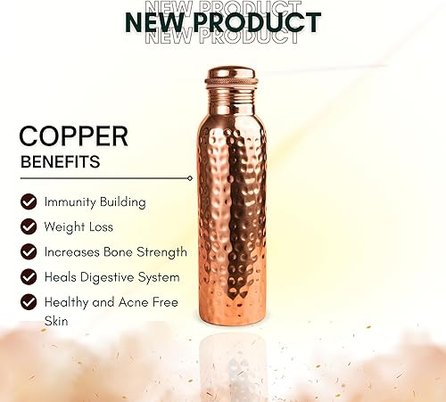 Miniatura 4 de Botella de agua de cobre puro de 34 onzas  Recipiente de cobre ayurvédico a prueba de fugas hecho a mano para agua potable  sin BPA, salud y