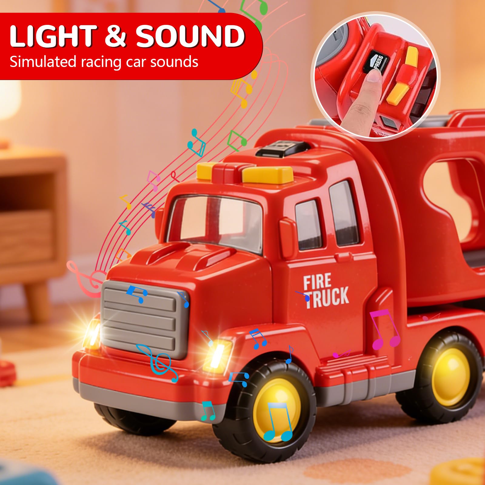 5 en 1 Camion Pompieri Giocattolo, Camion Trasportatore Macchinine con 4 Mini Camions dei Pompieri Camion dei Pompieri ad Inerzia avec Luci e Suoni Regalo per Ragazzi Ragazze di 3 4 5 6 anni