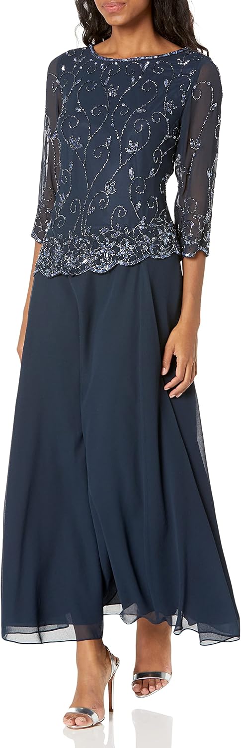 J Kara Women's Petite Floral Beaded Design Scallop Bodice Asymmetrical Dress