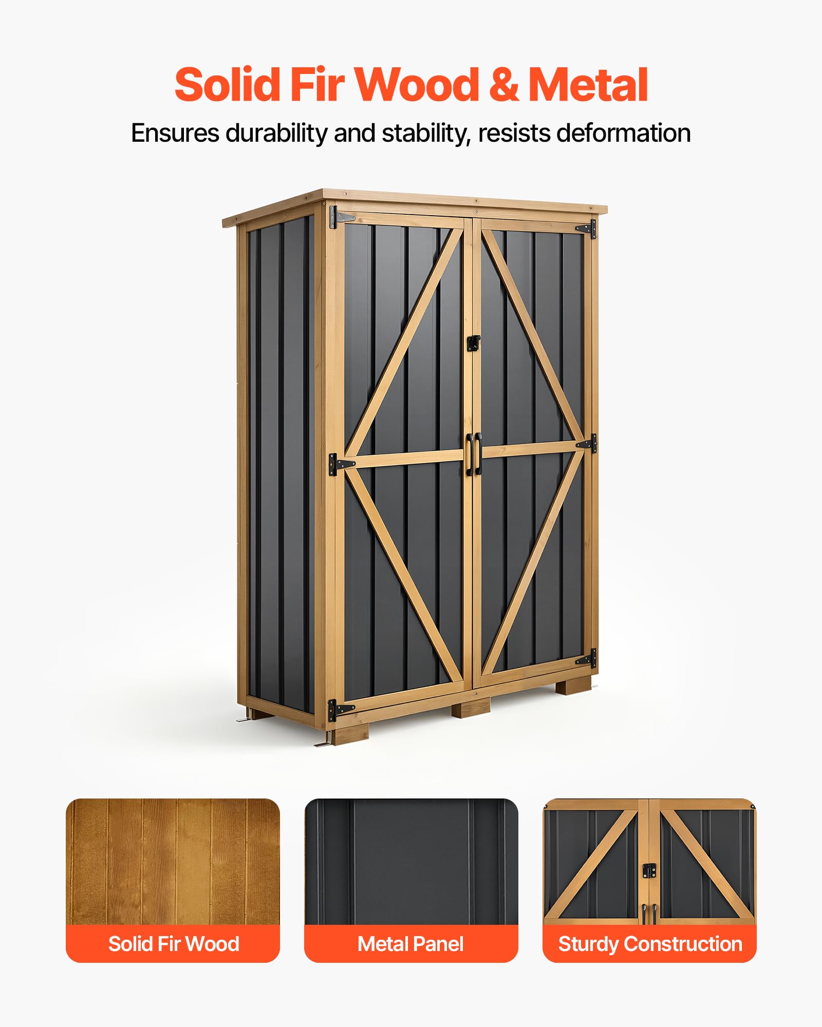 VEVOR Gartenschrank Holz, Geräteschrank mit Abschließbaren Türen, Gerätehaus mit Regalen & Boden, Geräteschuppen, Gartengerätehaus, Werkzeugschrank für Terrasse, Garten, Rasen, 112x46x160 cm