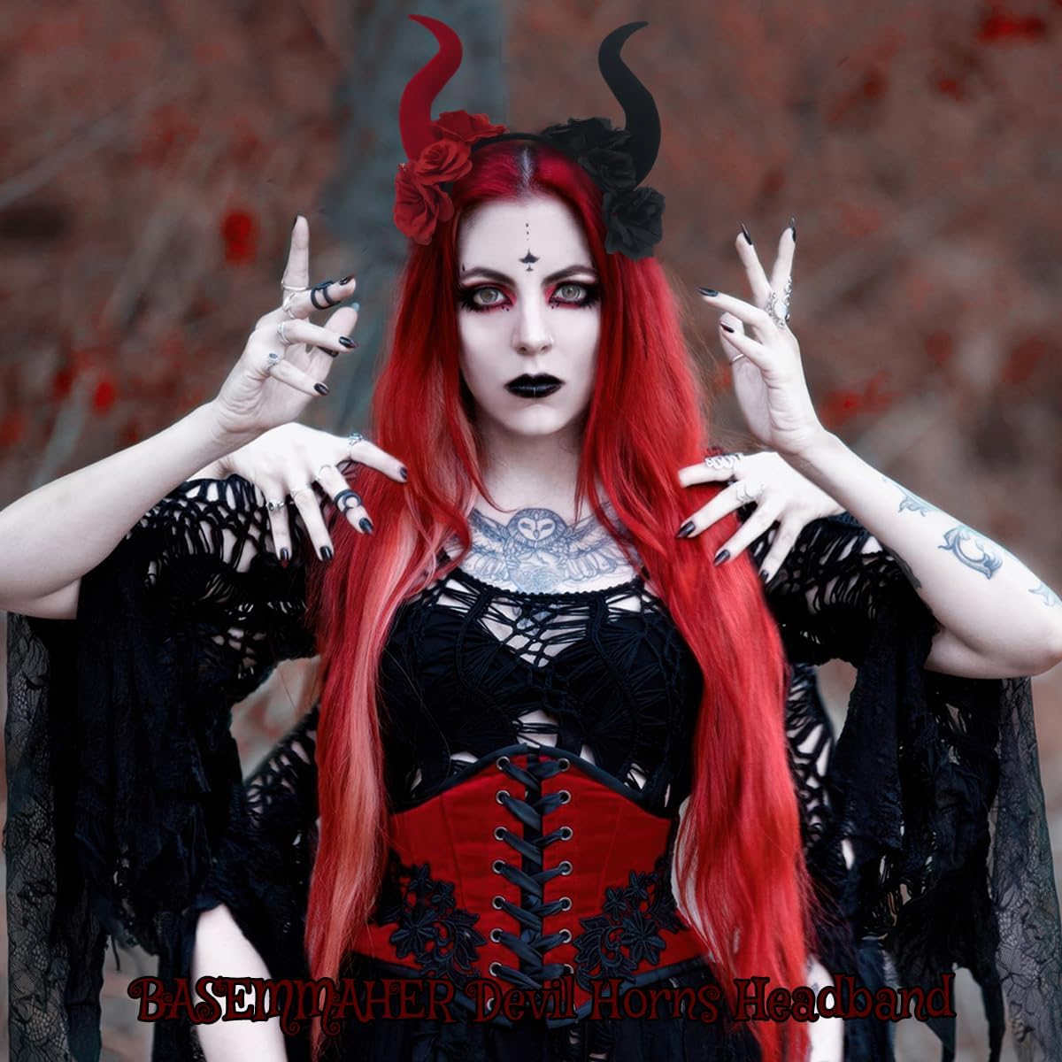 Devil Horns Headband Gothic Black Red Rose Flower Cosplay Horn Hair Hoop for Women Halloween Costume Party Carnival Dress up Hair Accessories - Image 4