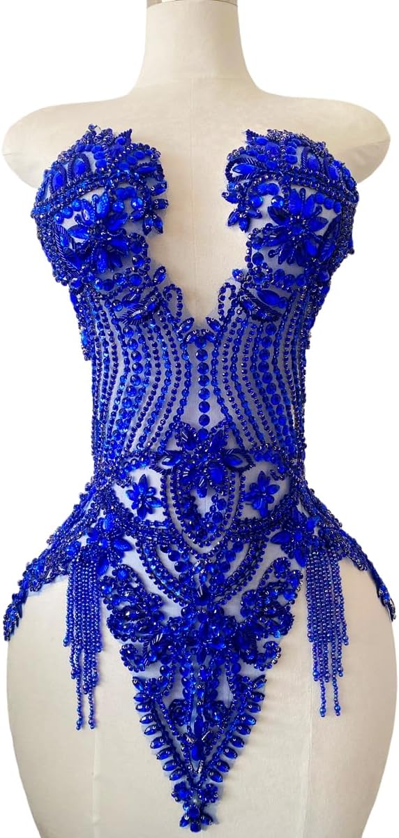 Handmade Beautiful Large Bodice Applique Pure Handsewing Patch with Crystal and Beads for Dresses DIY Acceessories (Blue)
