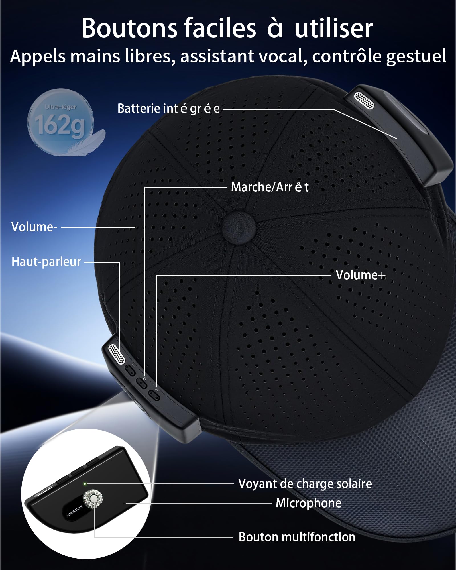 Casquette de Baseball Solaire Bluetooth Smart Open-Ear ecouteurs