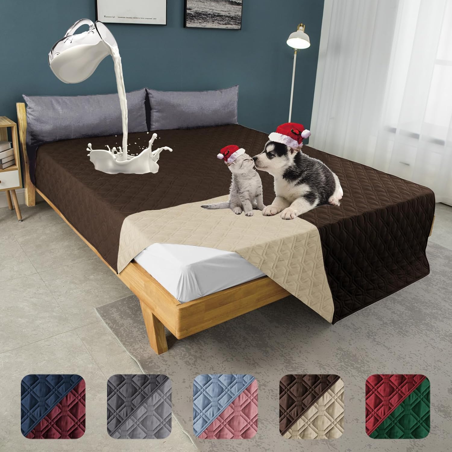 100% Waterproof Dog Bed Cover 52×82 inch Reversible Reusable Camping Mat for Kids/Pet/Dog/Cat Washable Geometric Embroidery Blanket Patchwork Brown+Beige