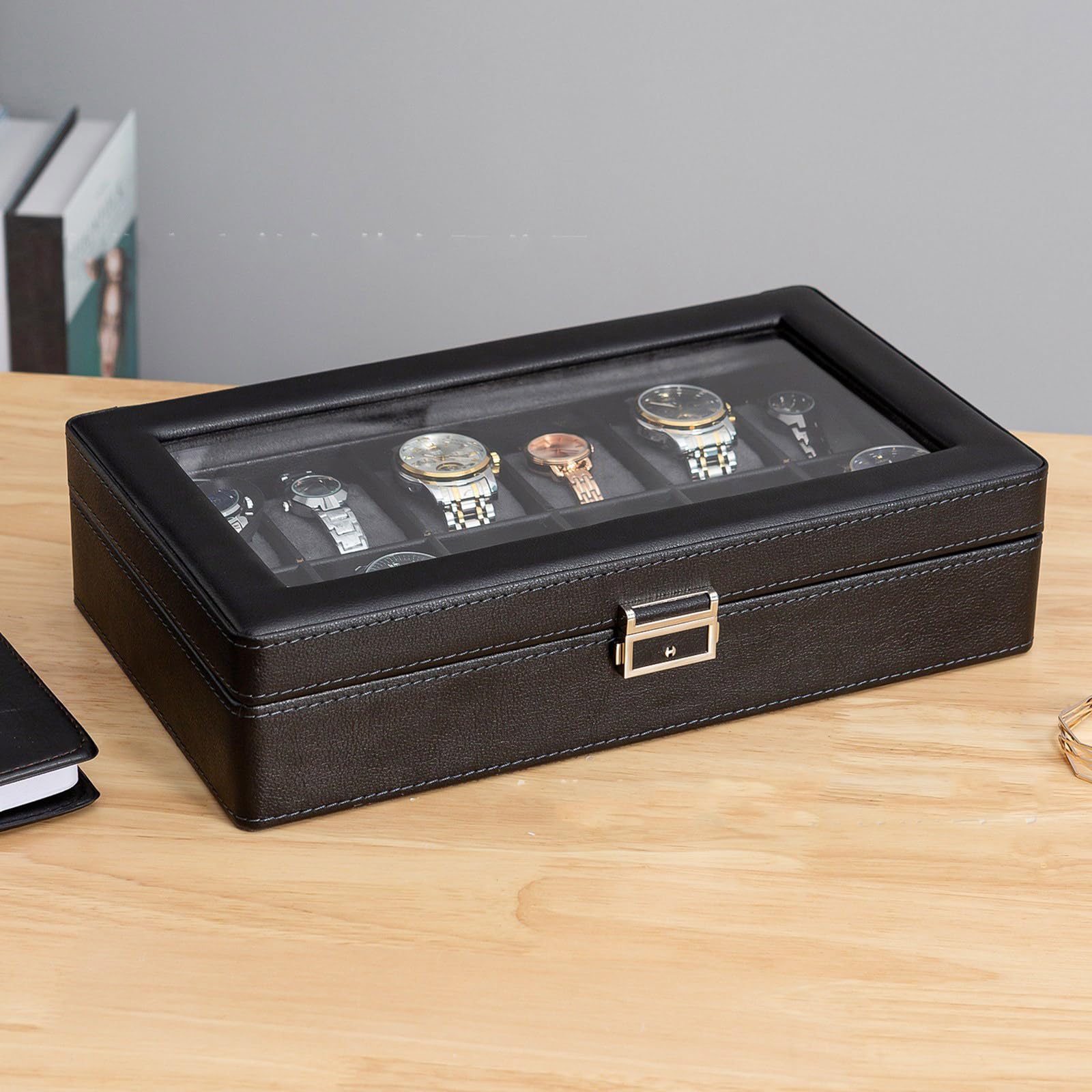 Pratica valigetta per gli organizzatori di orologi con cassetto stabile imbottito ed estraibile, portatile per la conservazione dei gioielli in pelle