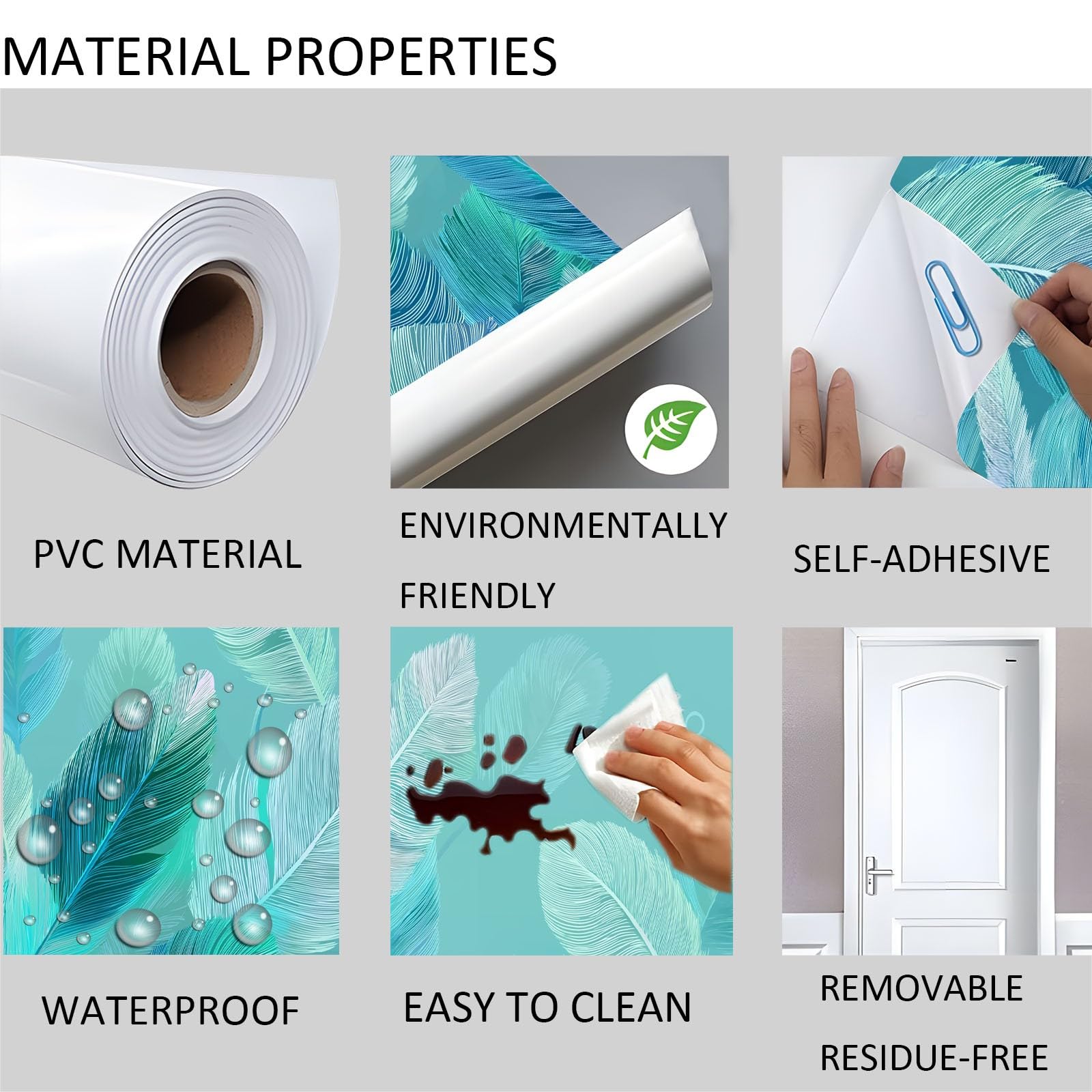 2 adesivi per porta, semplici adesivi per porta, motivo con piume blu, in PVC, impermeabili, per armadio, casa, ufficio, decorazione, carta da parati autoadesiva, 87 x 200 cm