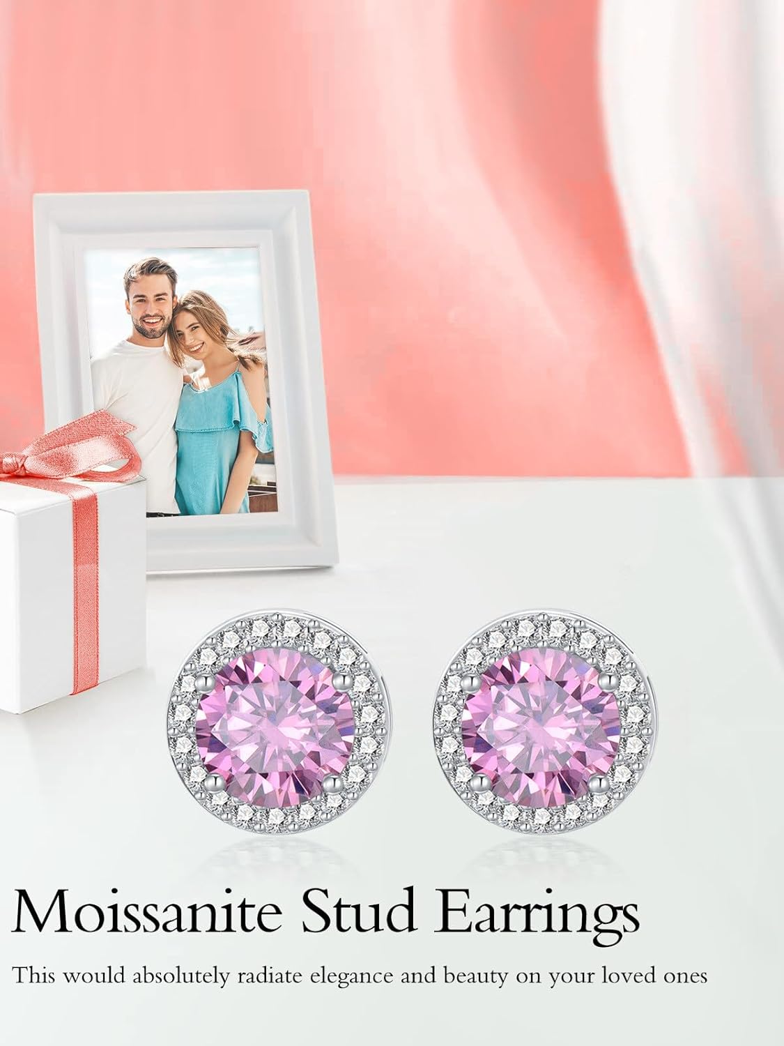 Christmas Gifts for Women - 925 Sterling Silver White/Pink/Blue/Green/Yellow Moissanite Halo Stud Earrings, D Color VVS1 Clarity, Anniversary Birthday Jewelry Gifts for Mom Wife - Image 6